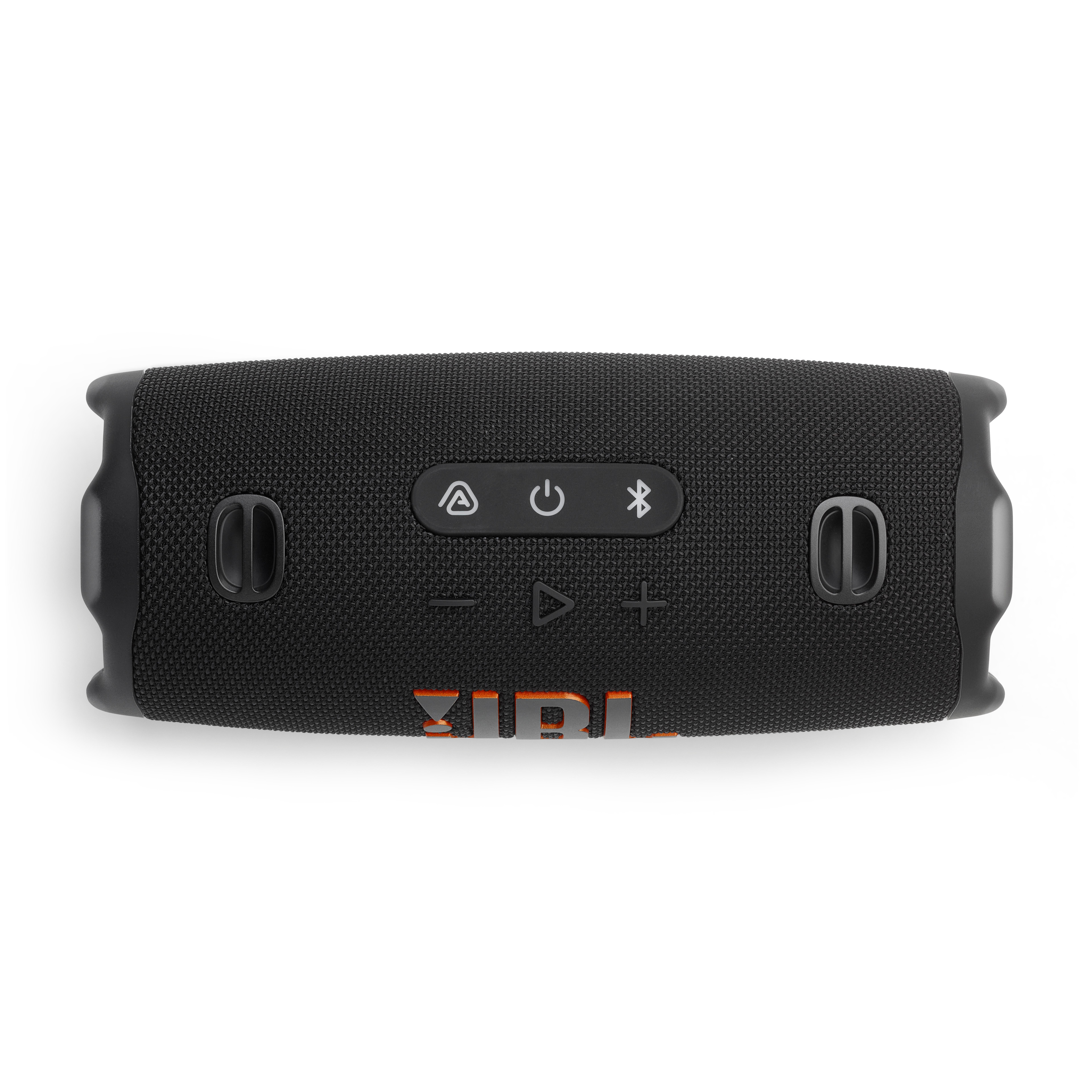 Schwarzer rechteckiger Lautsprecher mit Knöpfen und Anschlüssen. Der Lautsprecher hat eine stoffartige Textur und ein Logo.