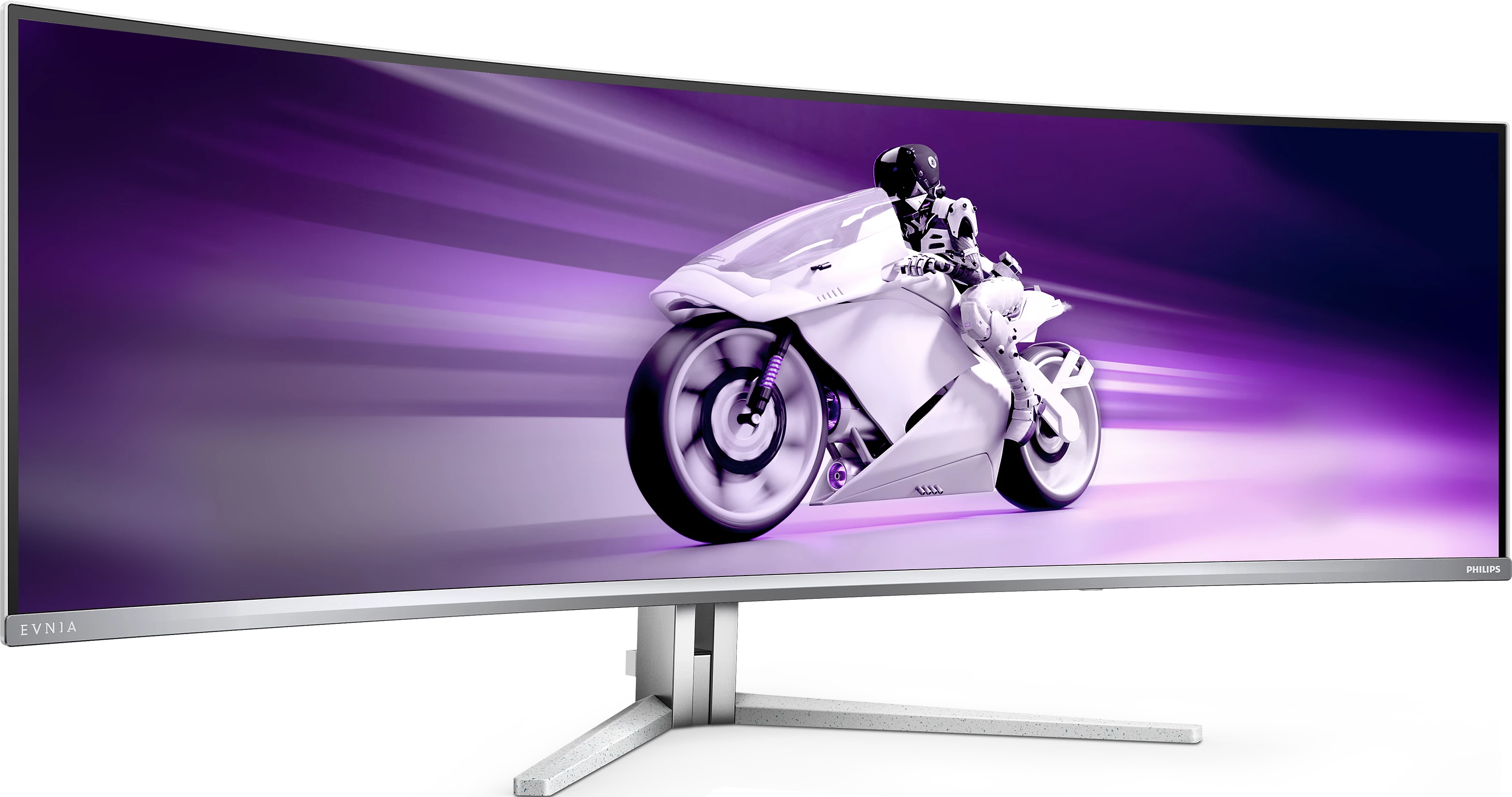 Écran incurvé affichant une moto blanche futuriste. Fond violet et blanc.
