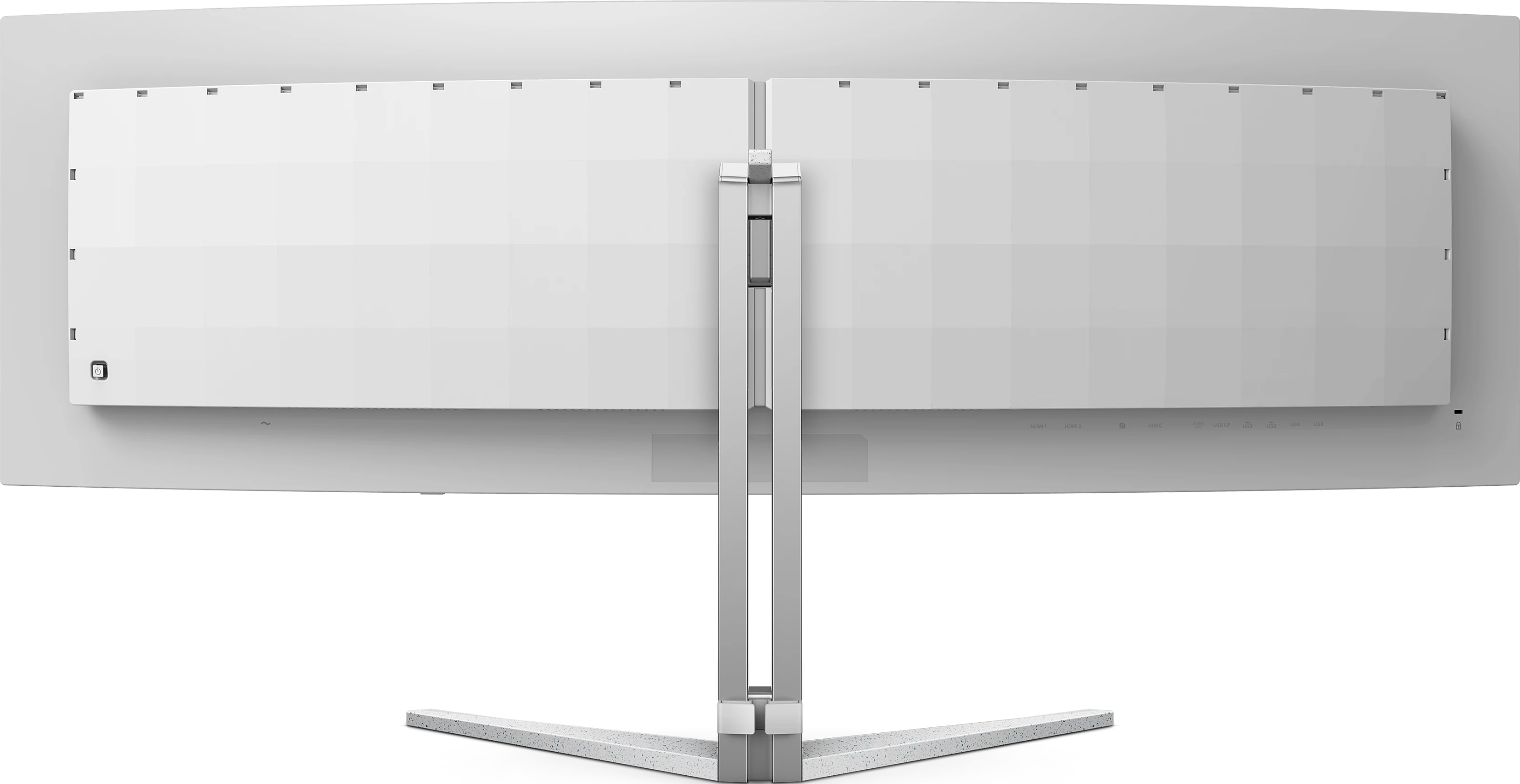 Un moniteur blanc, vue arrière, avec un pied et une surface blanche propre.