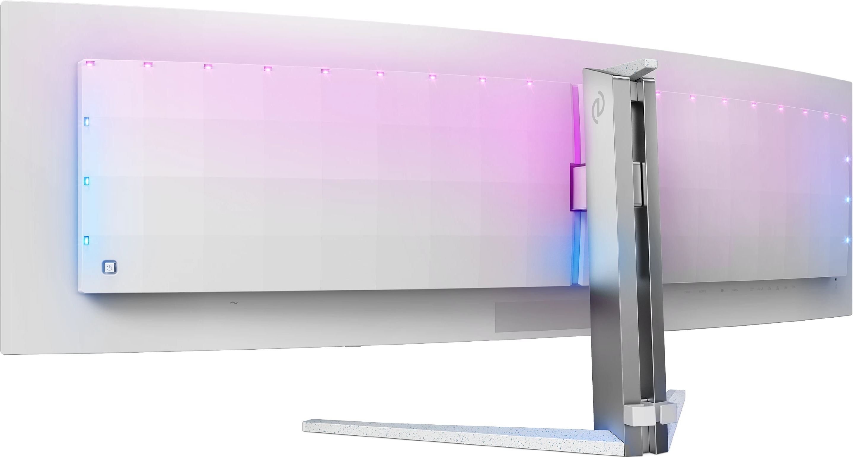 Grand moniteur blanc avec éclairage LED multicolore. Support argenté.