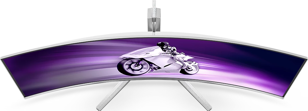 Écran incurvé affichant un motard. Le moniteur est blanc et élégant.