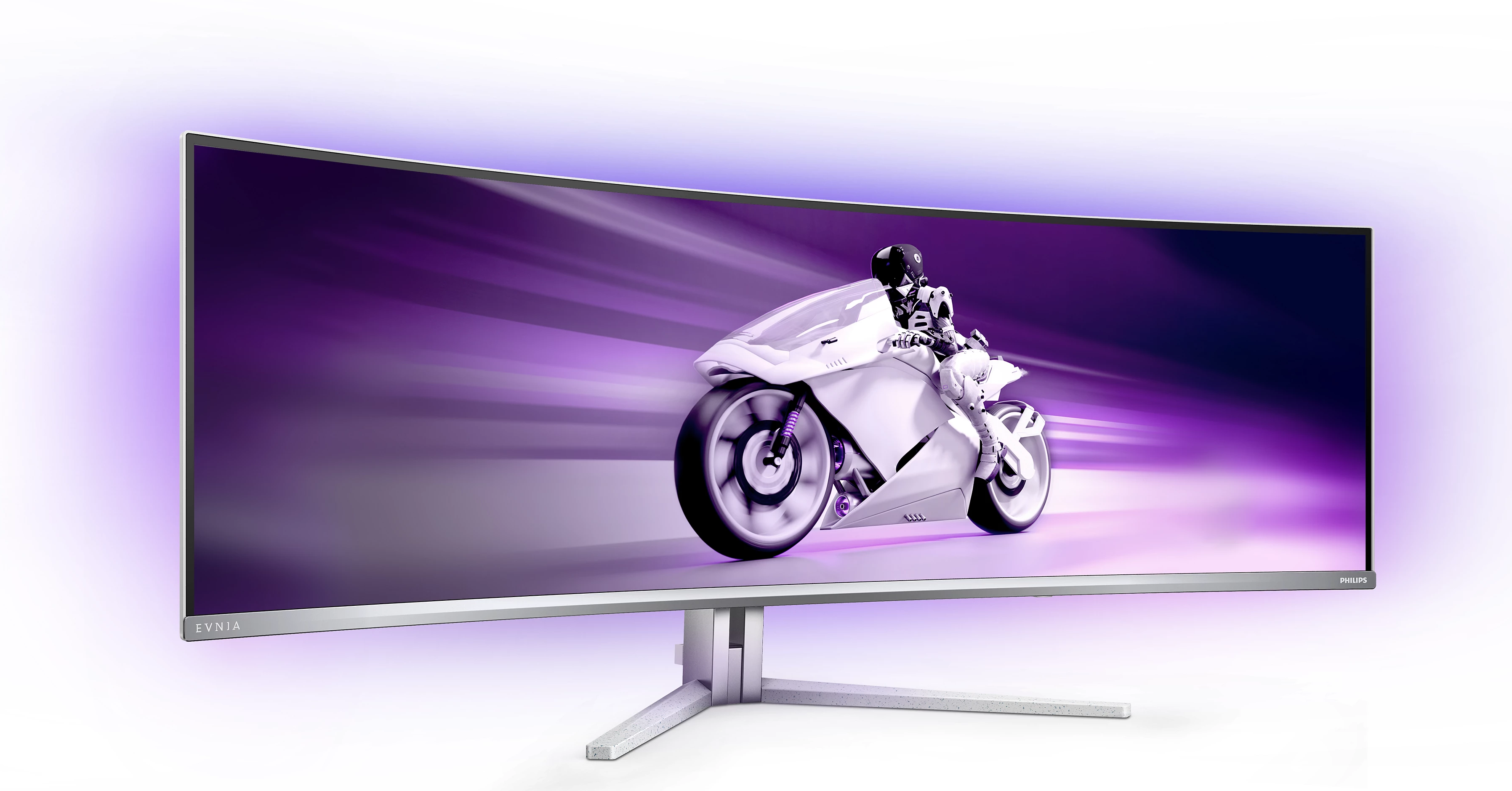 Un moniteur incurvé Philips Evnia affichant un graphique de moto avec une lumière ambiante violette.