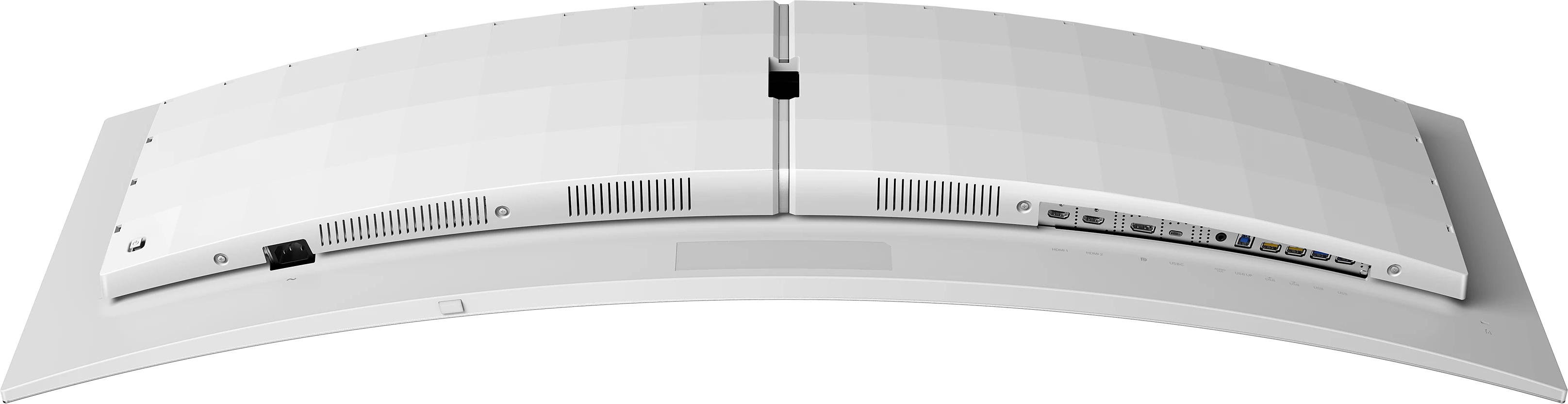 Arrière d'un moniteur d'ordinateur incurvé. Montre des évents, des ports et une connexion d'alimentation. Le moniteur est blanc.