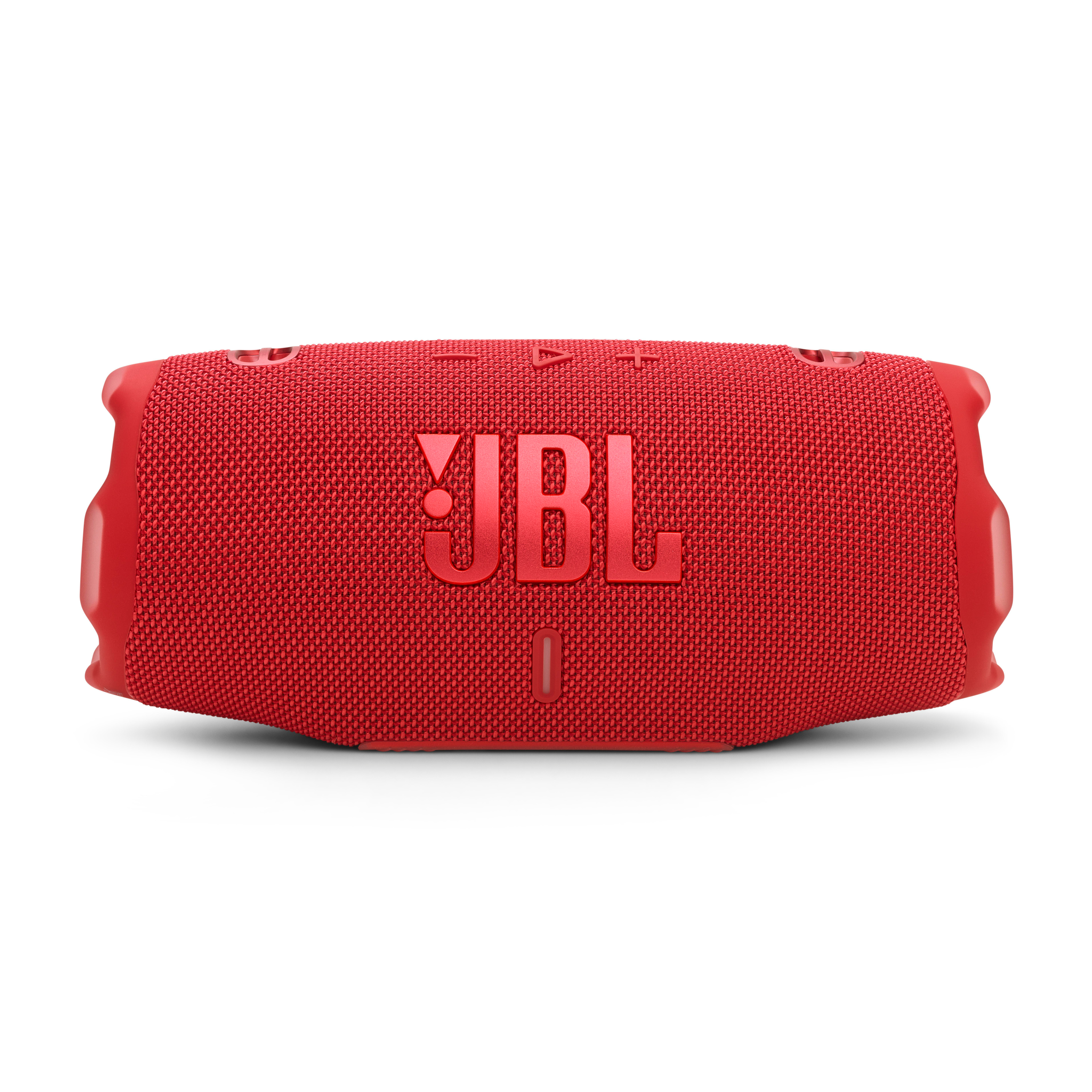 Roter JBL-Lautsprecher, rechteckige Form, mit JBL-Logo auf der Vorderseite, isoliert auf Weiß.