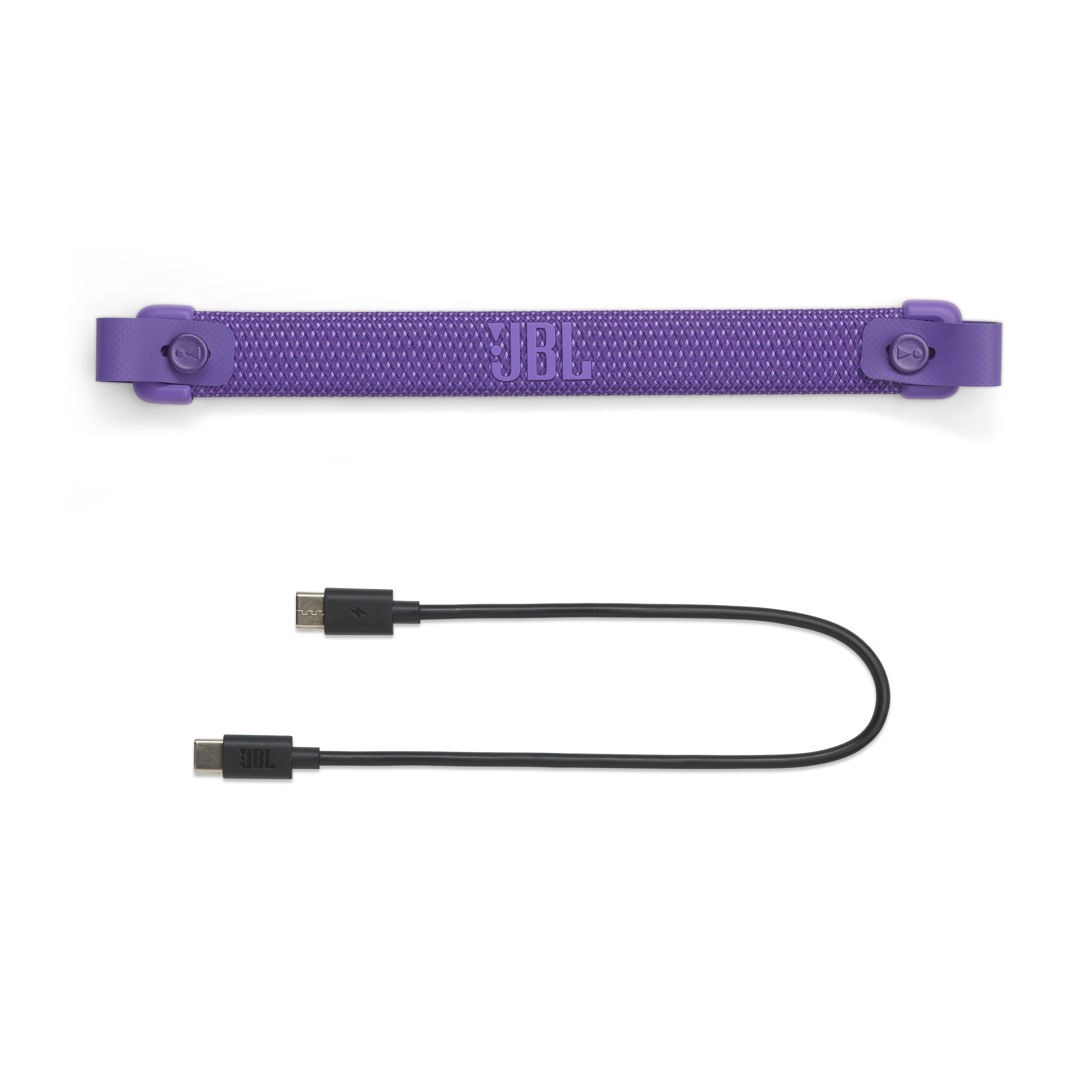 Lila JBL-Armband und schwarzes USB-Kabel.