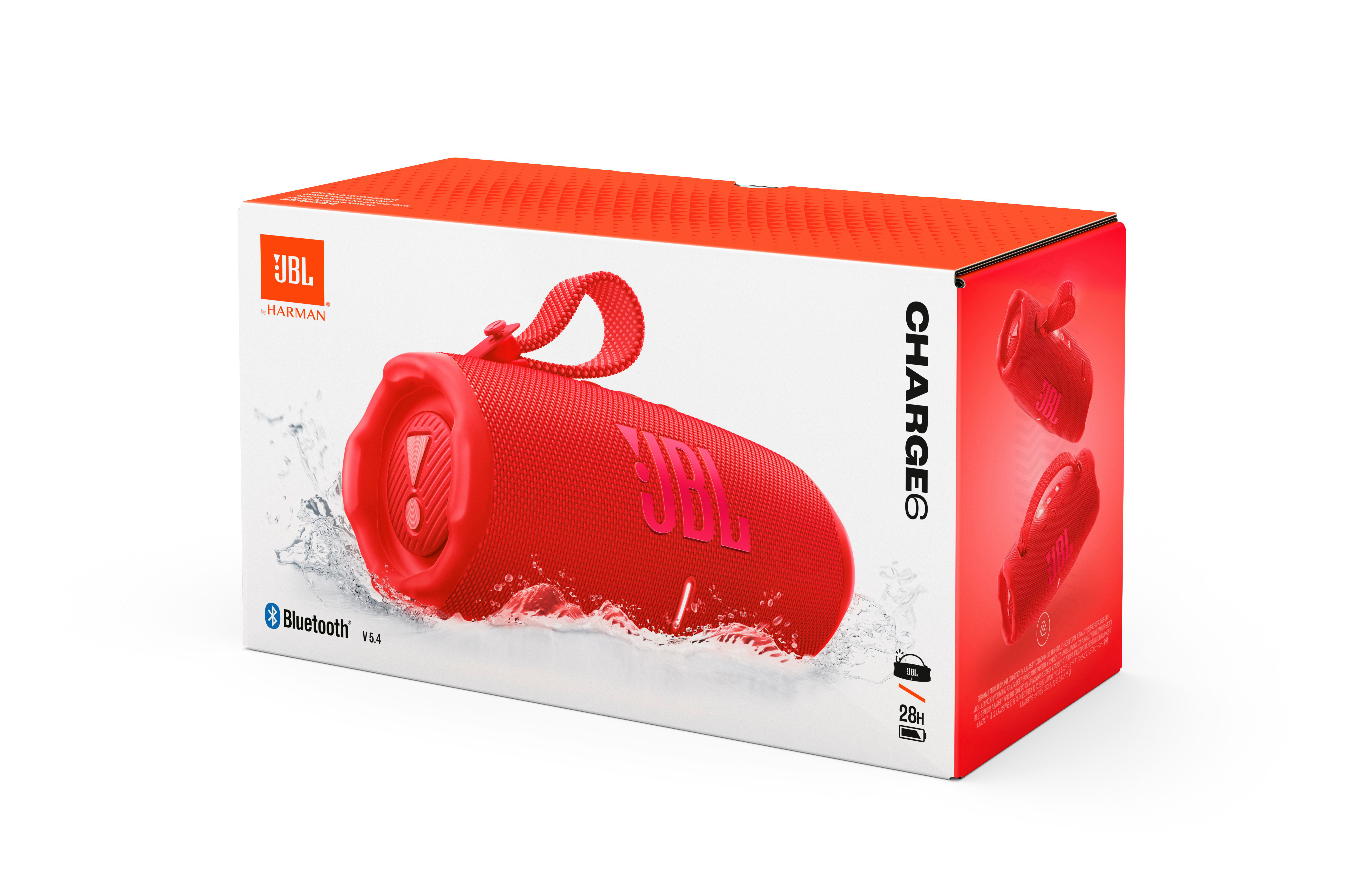 Ein roter JBL-Lautsprecher mit seiner Box, auf weißem Hintergrund. Bluetooth-Logo sichtbar.