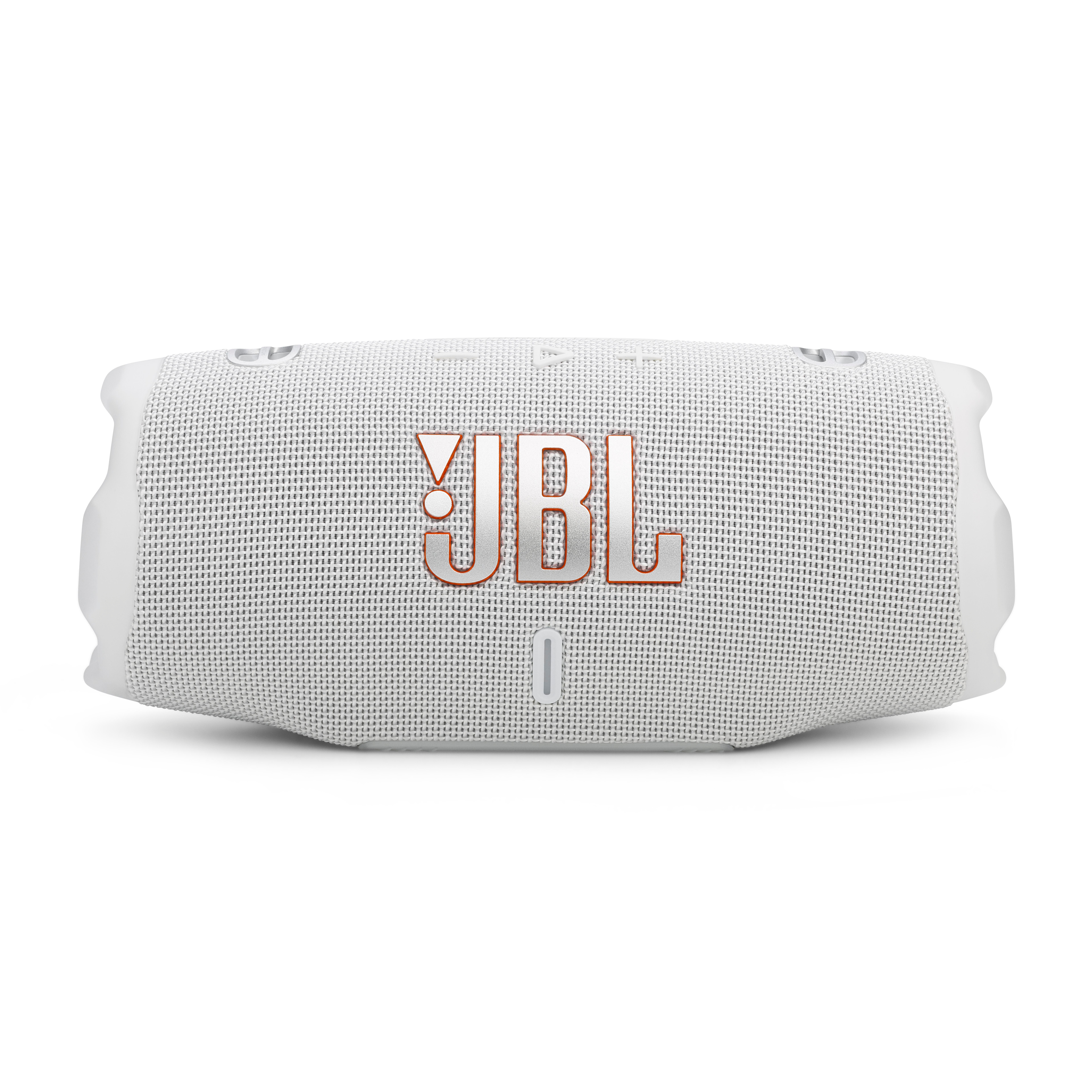 Ein weißer JBL-Lautsprecher mit rotem JBL-Logo auf weißem Hintergrund. Der Lautsprecher ist rechteckig.
