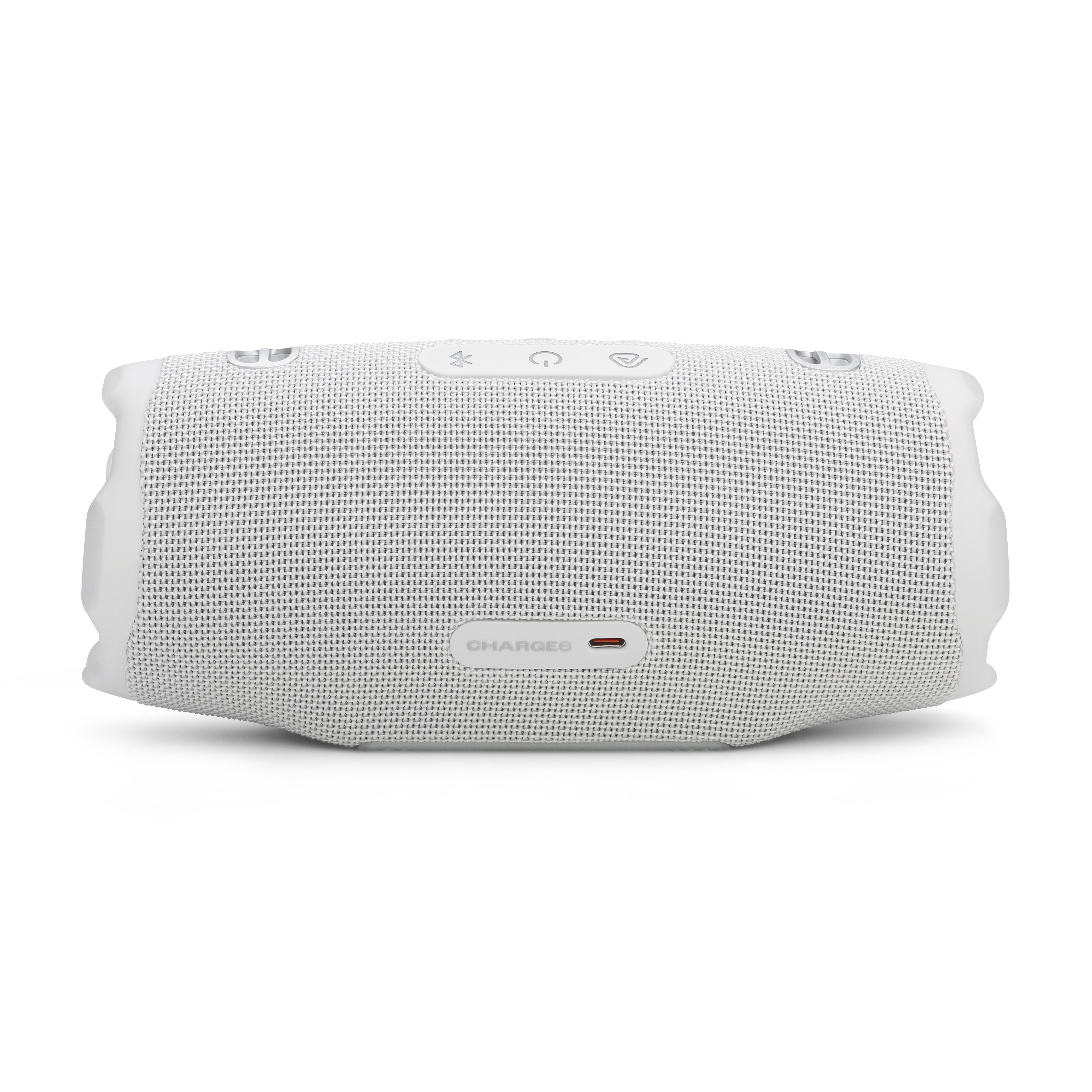 Weißer JBL Charge 6 Lautsprecher mit Bedienelementen oben. Auf weißem Hintergrund.