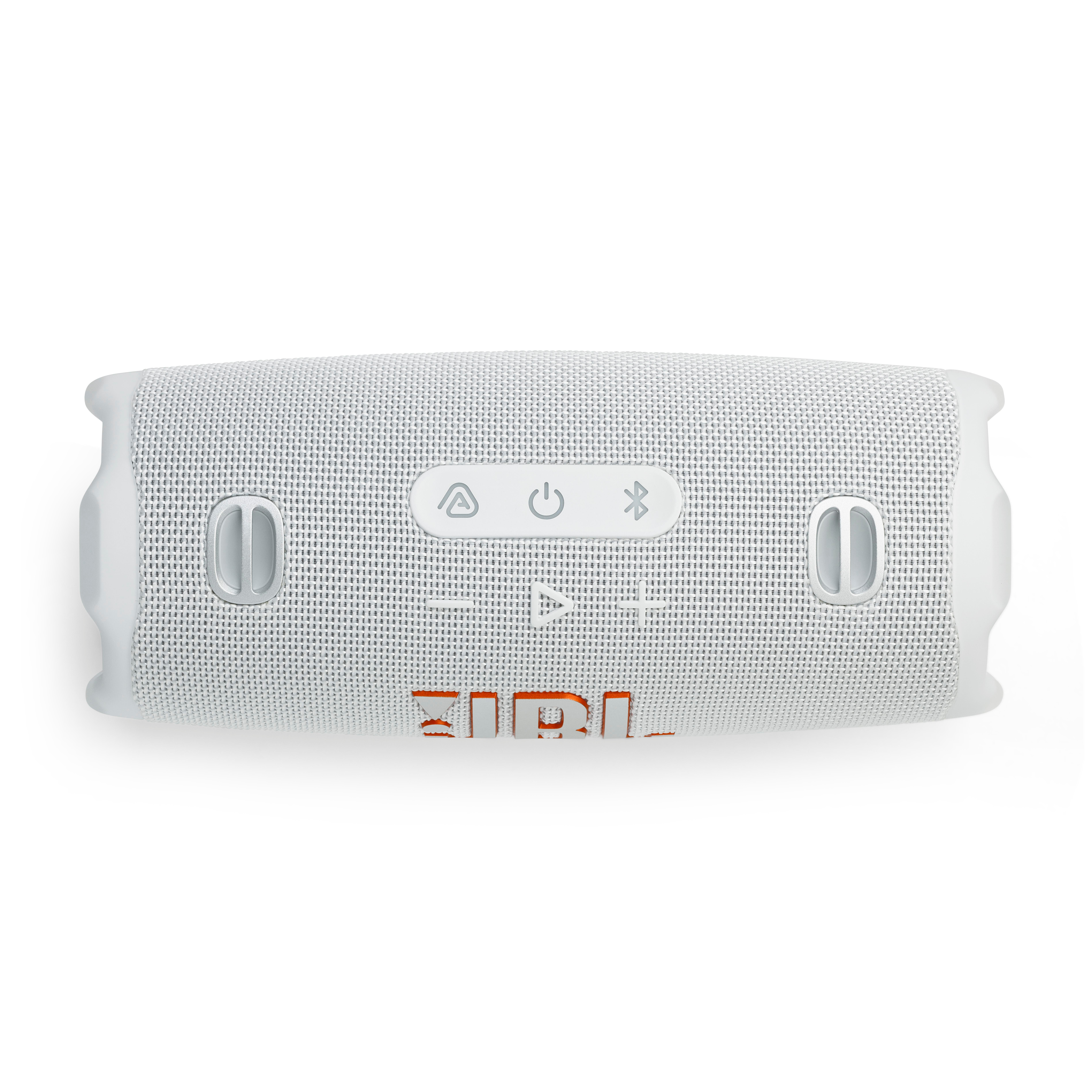 Weißer JBL-Lautsprecher mit Steuertasten. Oranges JBL-Logo. Weißer Hintergrund.