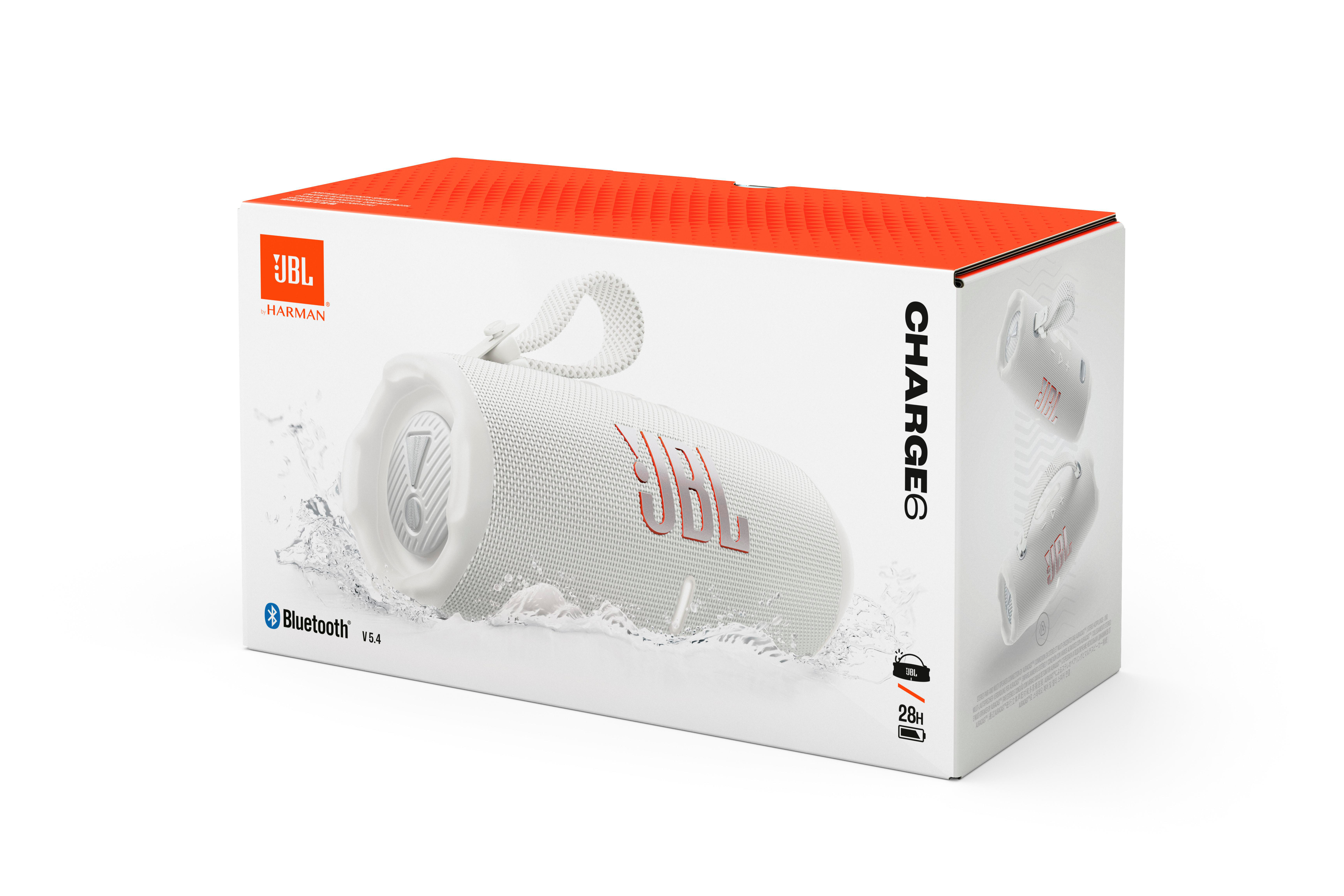 Eine weiße JBL Charge 6 Lautsprecherbox. Die Box ist geöffnet und zeigt den Lautsprecher und Produktdetails.