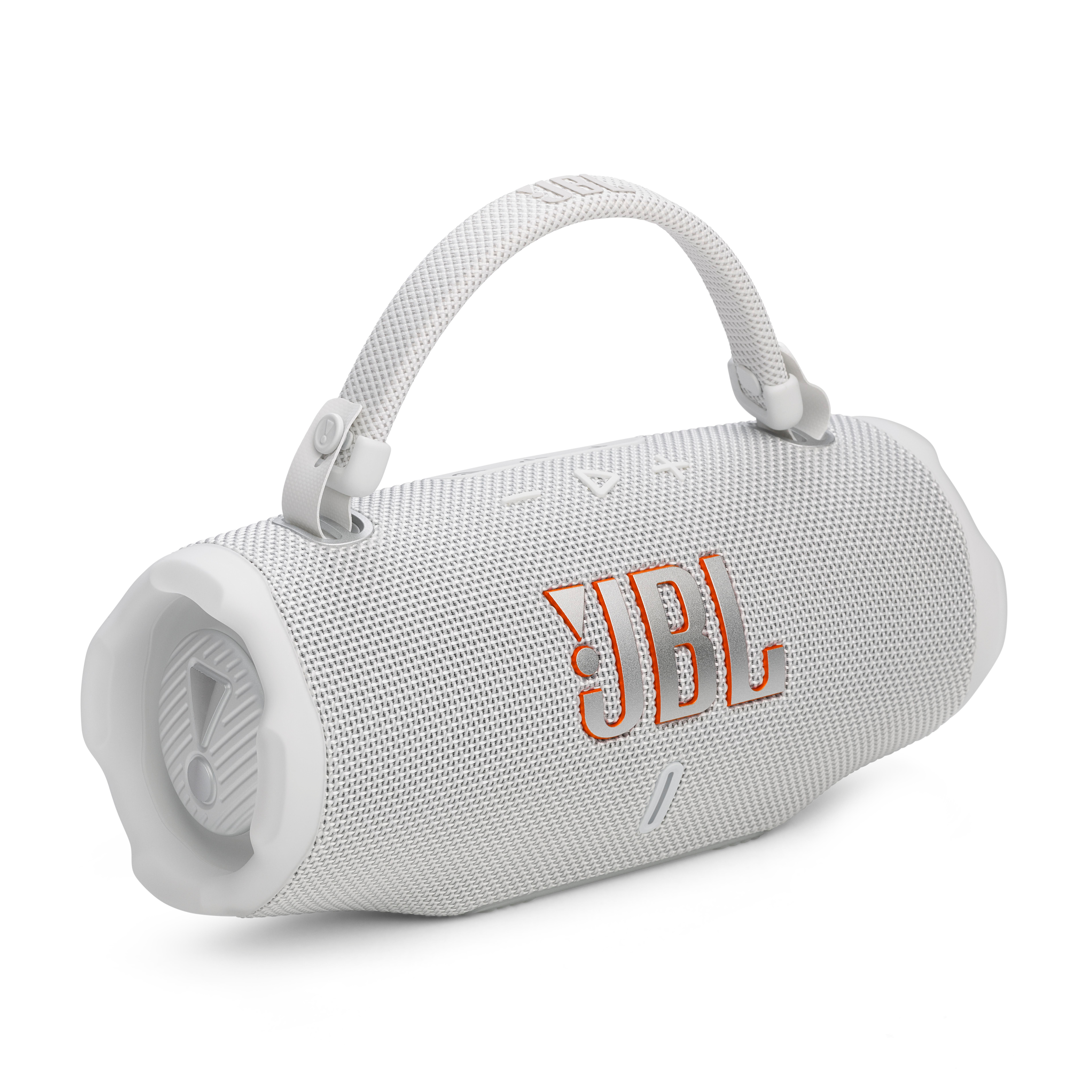 Weißer JBL-Lautsprecher mit Griff. Weißer Hintergrund.
