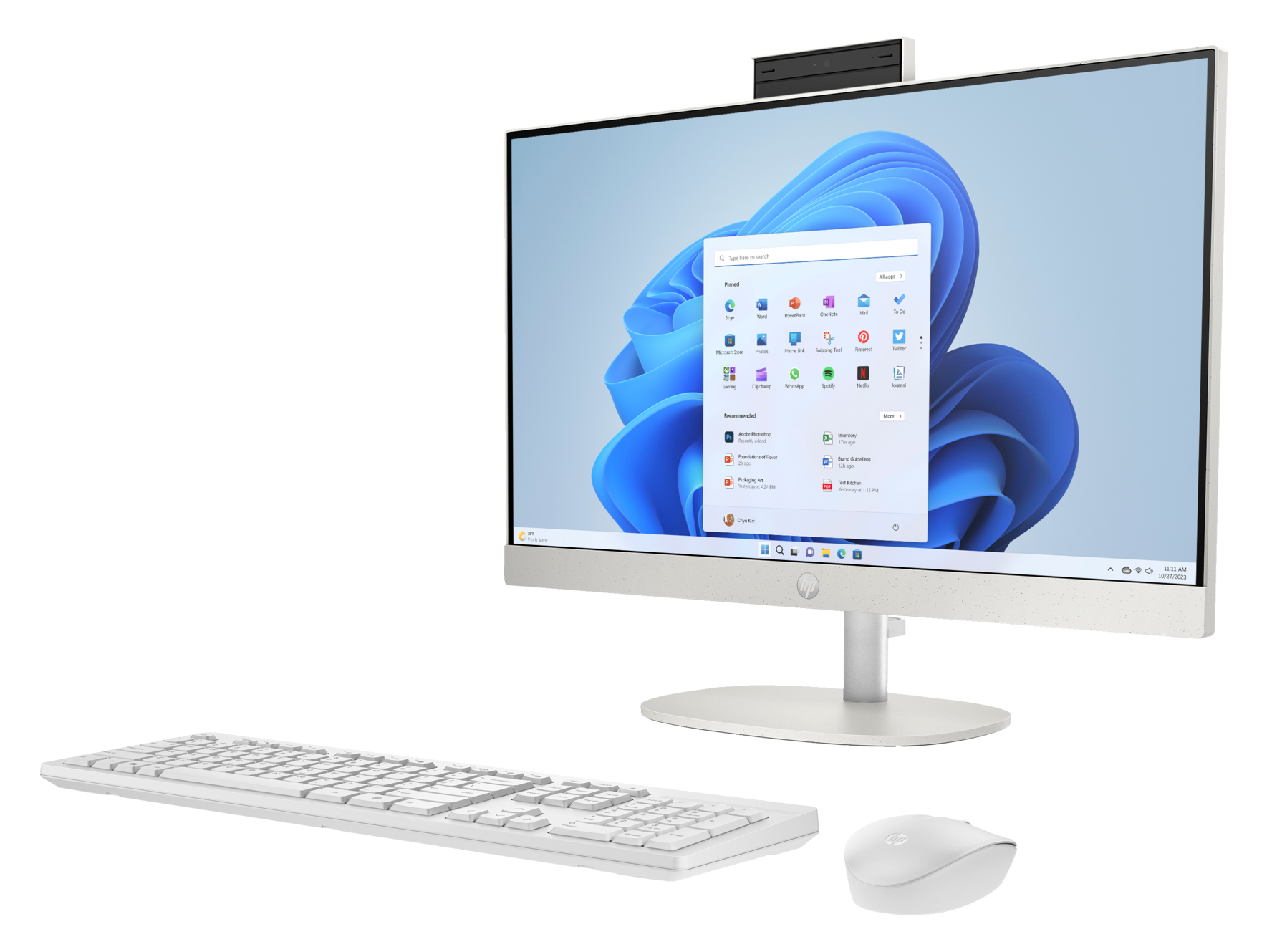 Biały komputer HP all-in-one z klawiaturą i myszką, na czarnym tle.