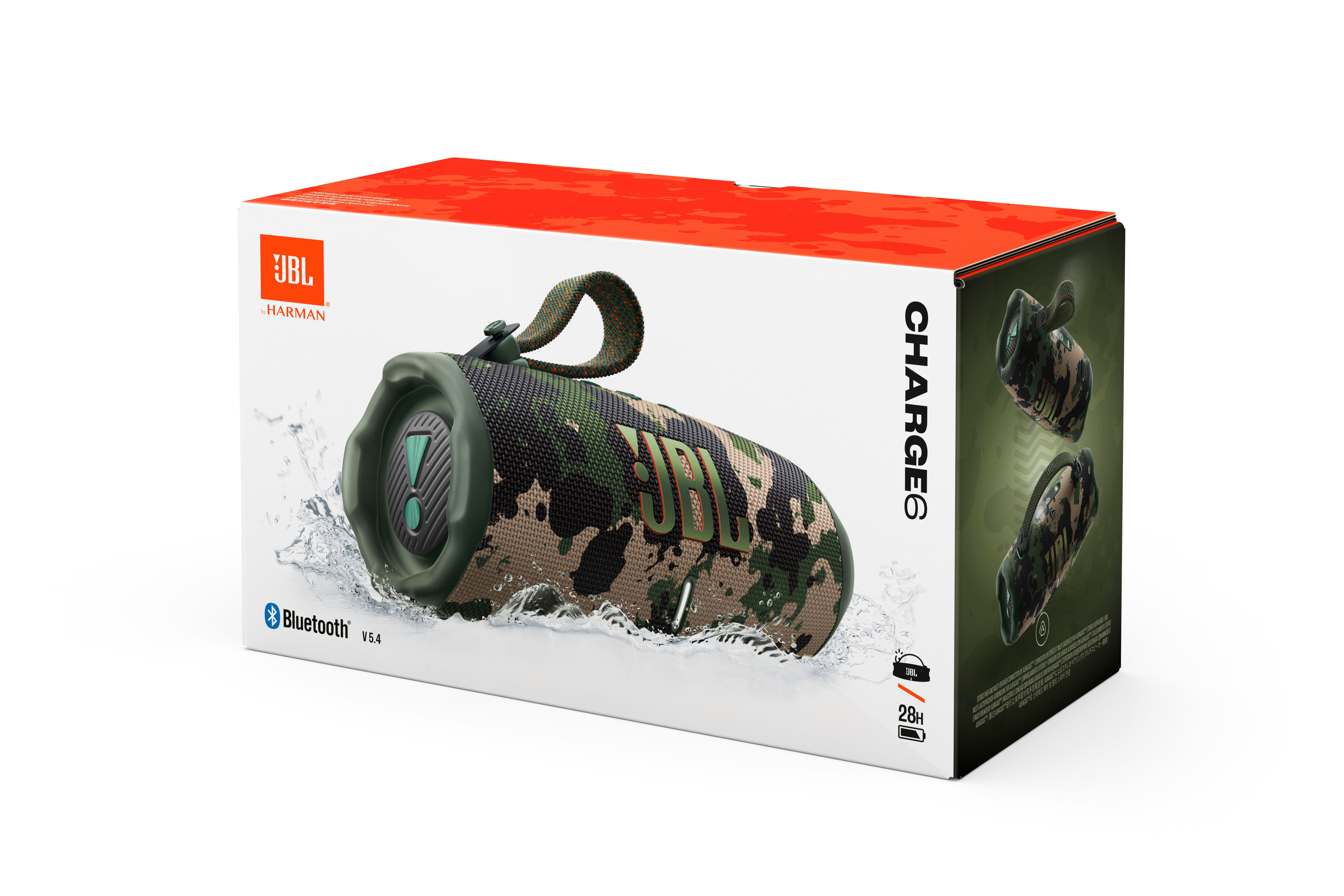 JBL Charge 6 Lautsprecherbox mit Camouflage-Lautsprecher auf weißem Hintergrund.