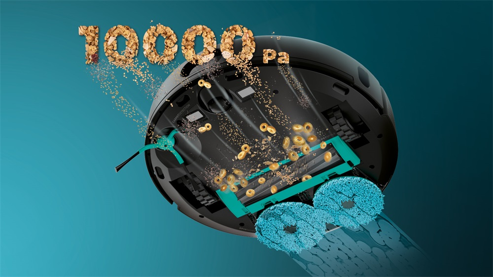 Robot porszívó takarít, a felszívott porszemcséket mutatva. Kék és fekete színvilág.