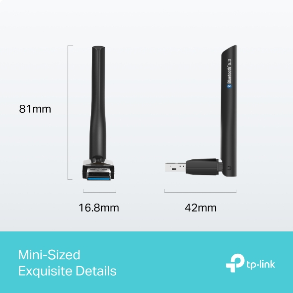 Schwarzer USB-Adapter mit Antenne. Abmessungen in Millimetern angezeigt.