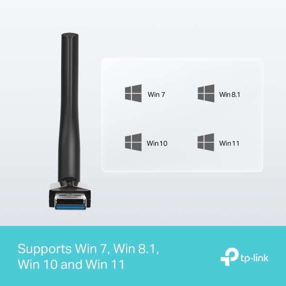 Schwarze Antenne und Windows-Logos: Win 7, 8.1, 10 und 11.