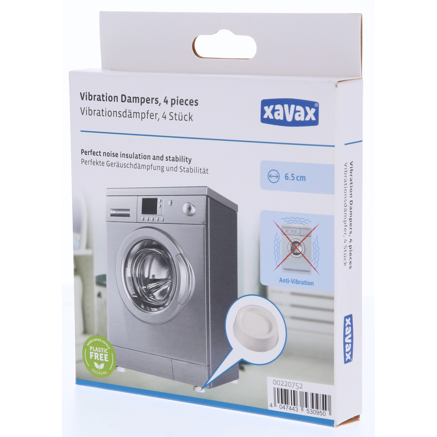 White box with anti-vibration pads, washing machine and label Xavax.