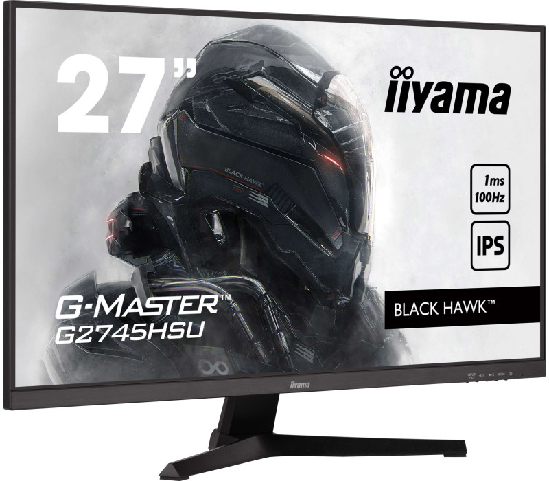 Monitor iiyama 27" ze sceną z gry. Czarny monitor z czarną podstawą. Black Hawk.