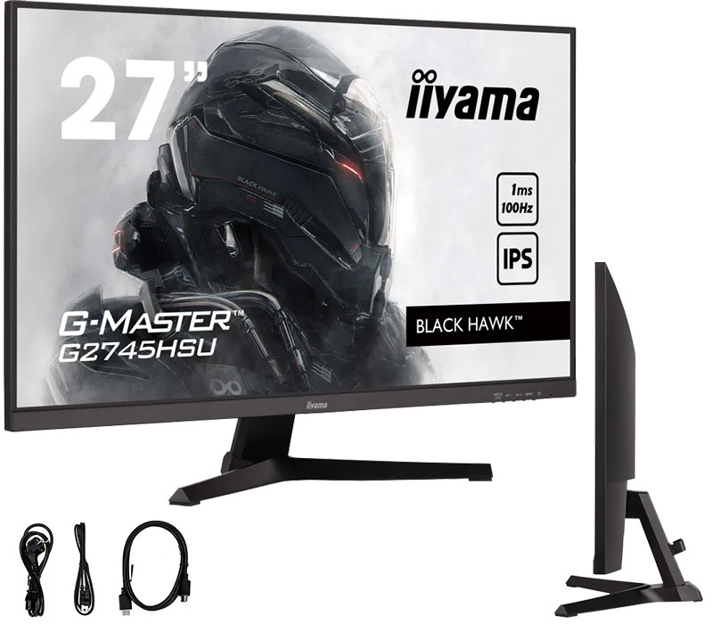 Czarny monitor do gier z marką iiyama i specyfikacjami.