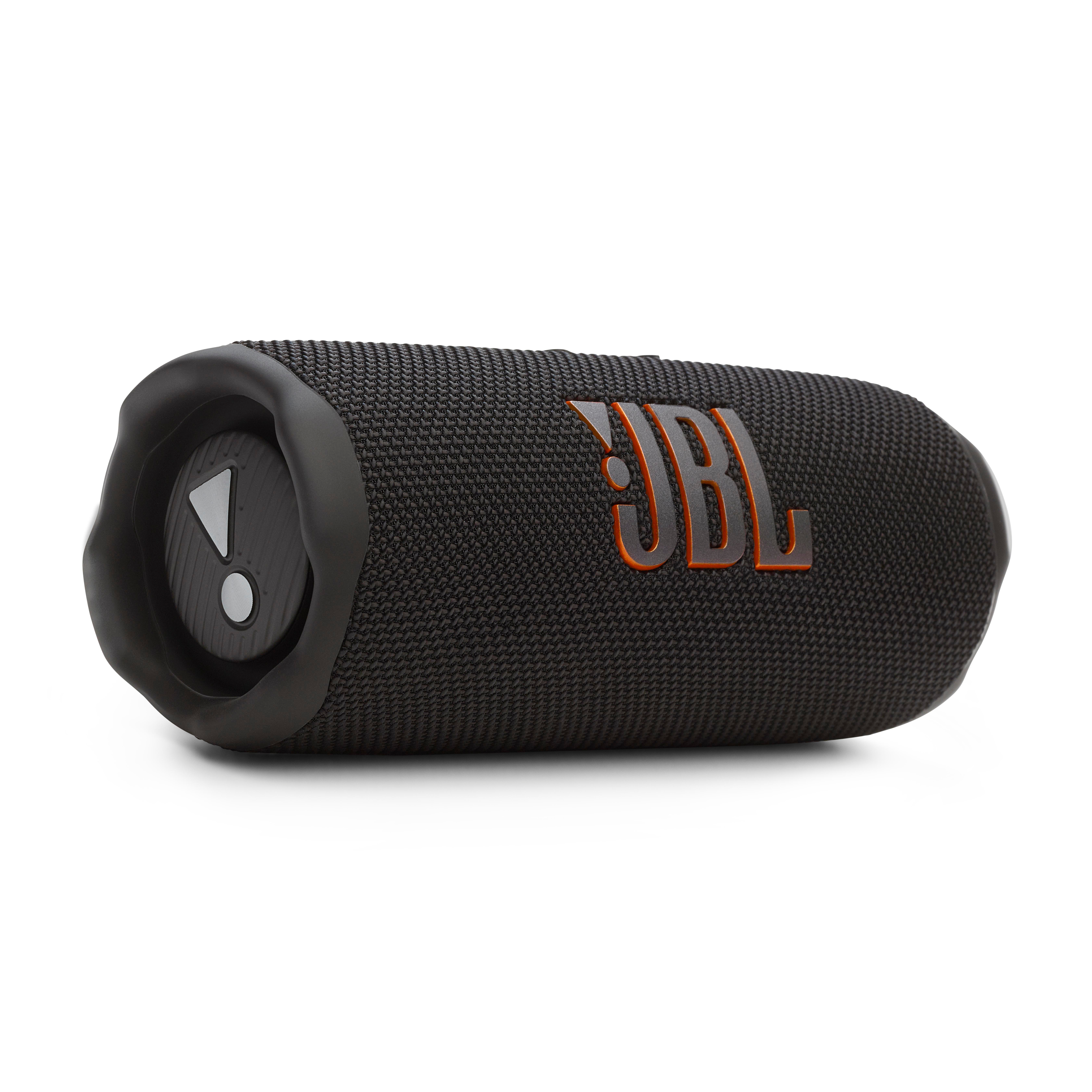 Schwarzer JBL-Lautsprecher mit orangefarbenem JBL-Logo und Steuertasten. Schräge Ansicht.