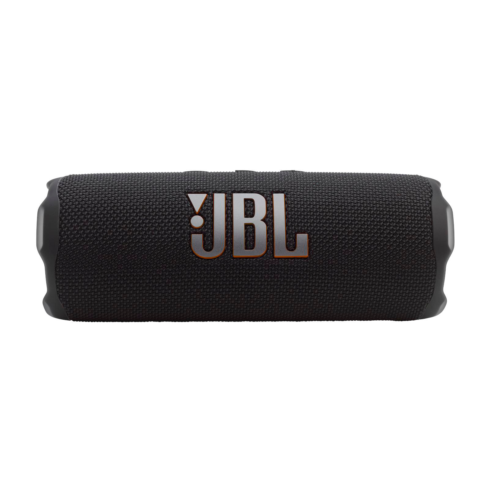Schwarzer JBL-Lautsprecher, zylindrisch, mit JBL-Logo in Orange.