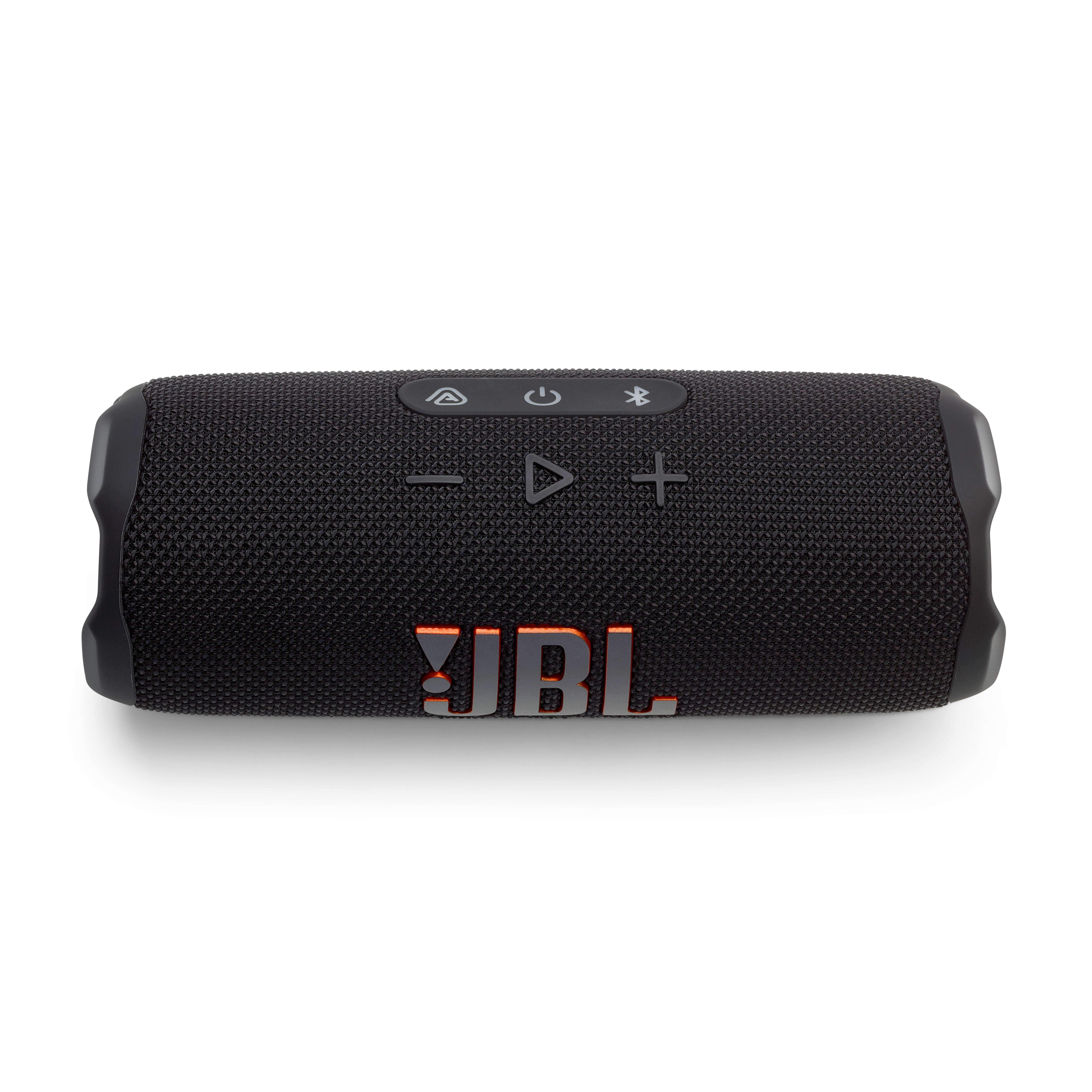 Ein schwarzer JBL-Lautsprecher mit orangefarbenem JBL-Logo.