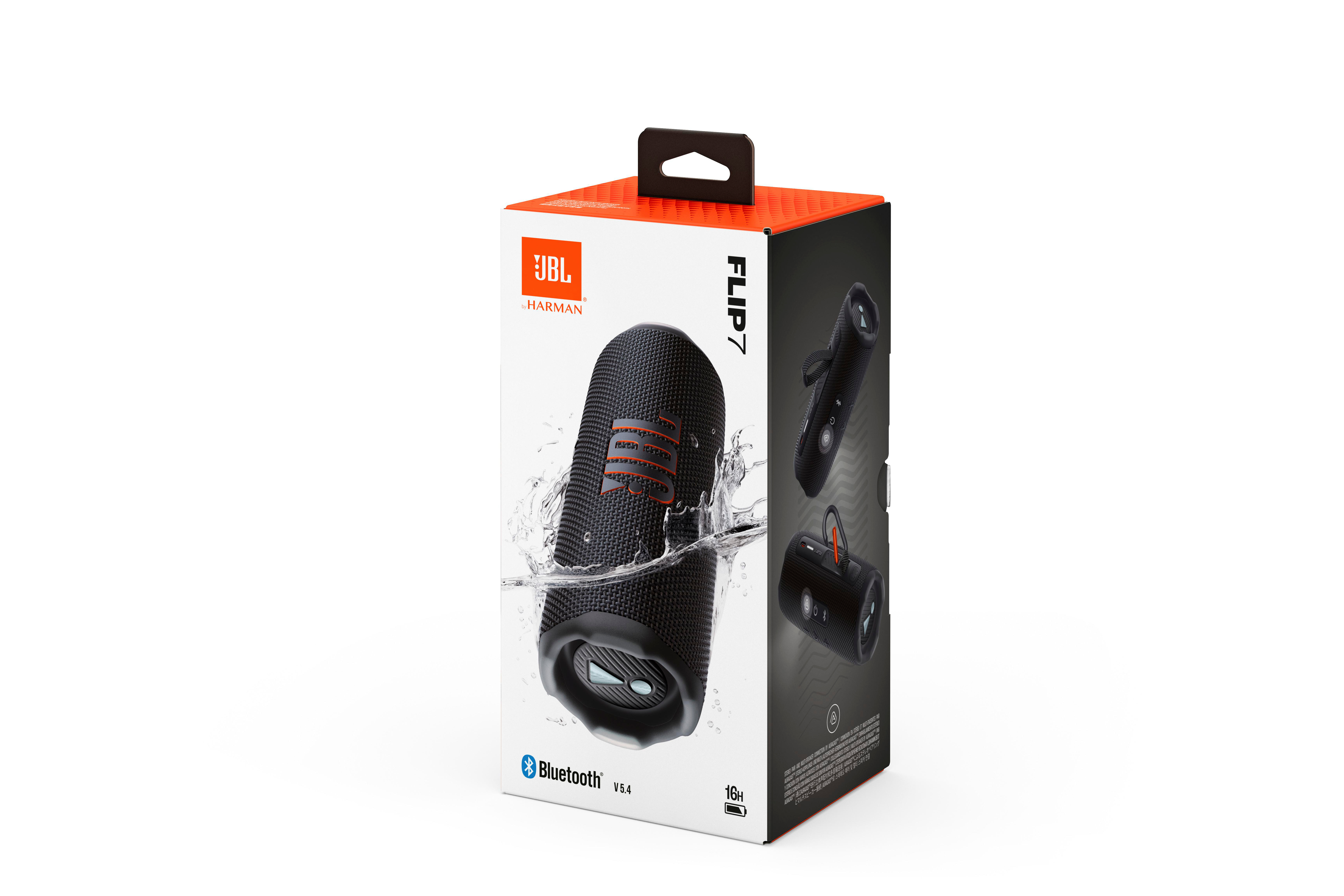 JBL Flip 7 Lautsprecherbox, orange-schwarzes Design. Die Box zeigt ein Bild des Lautsprechers und seiner Funktionen.