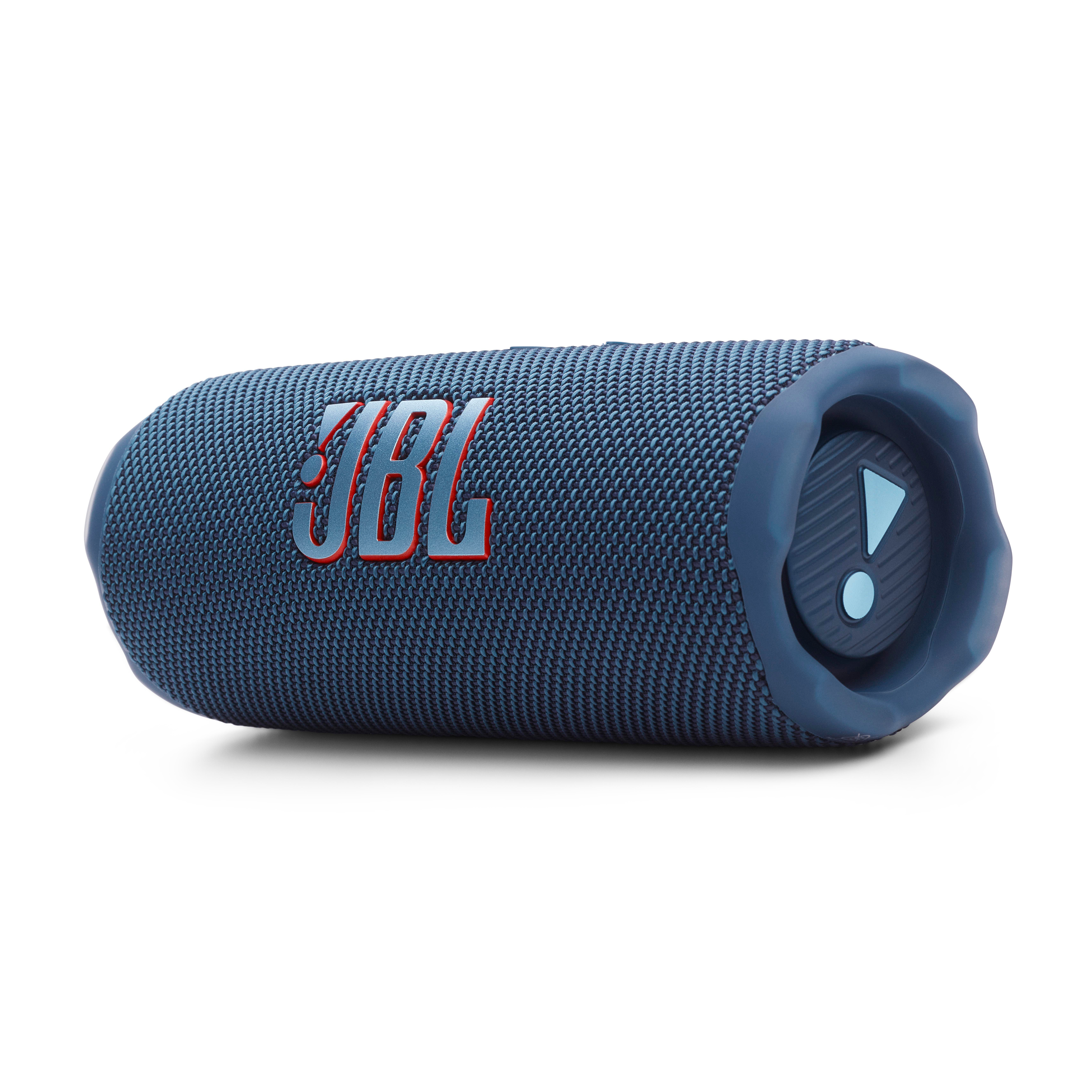 Blauer JBL-Lautsprecher. Der Lautsprecher hat einen Griff und das JBL-Logo ist sichtbar.