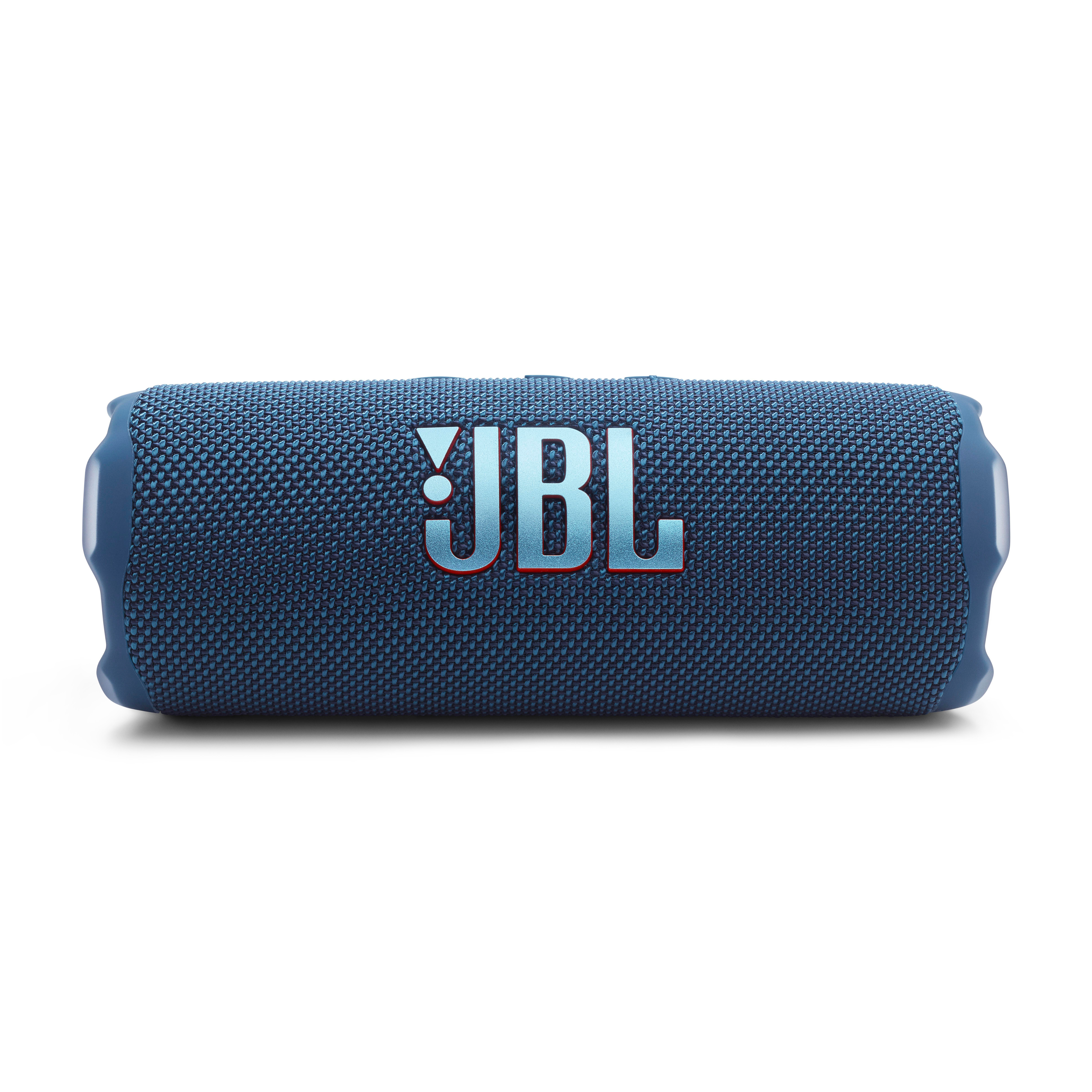 Nahaufnahme eines blauen JBL-Lautsprechers auf weißem Hintergrund.