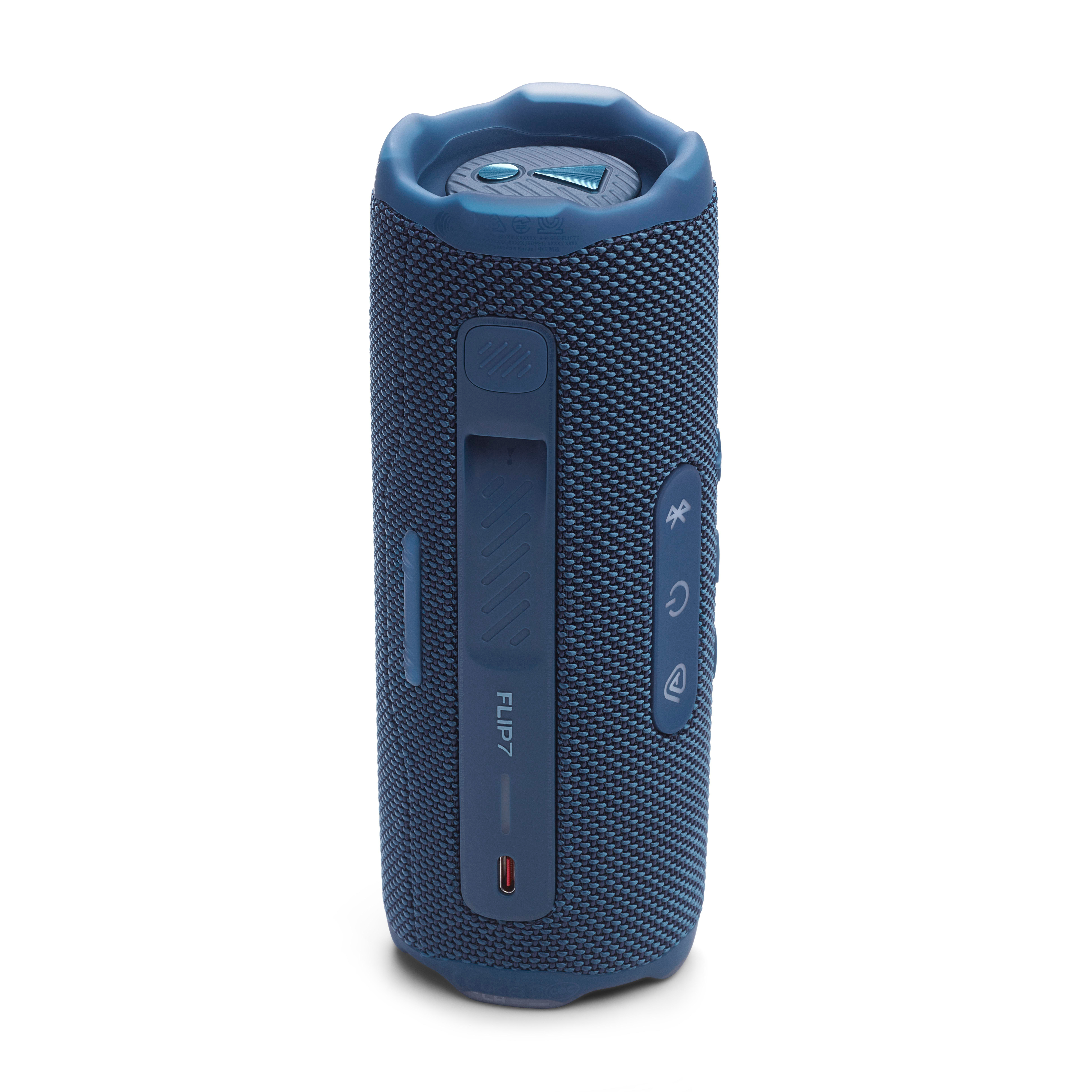 Blauer zylindrischer Lautsprecher mit Knöpfen. Blauer Mesh-Bezug.