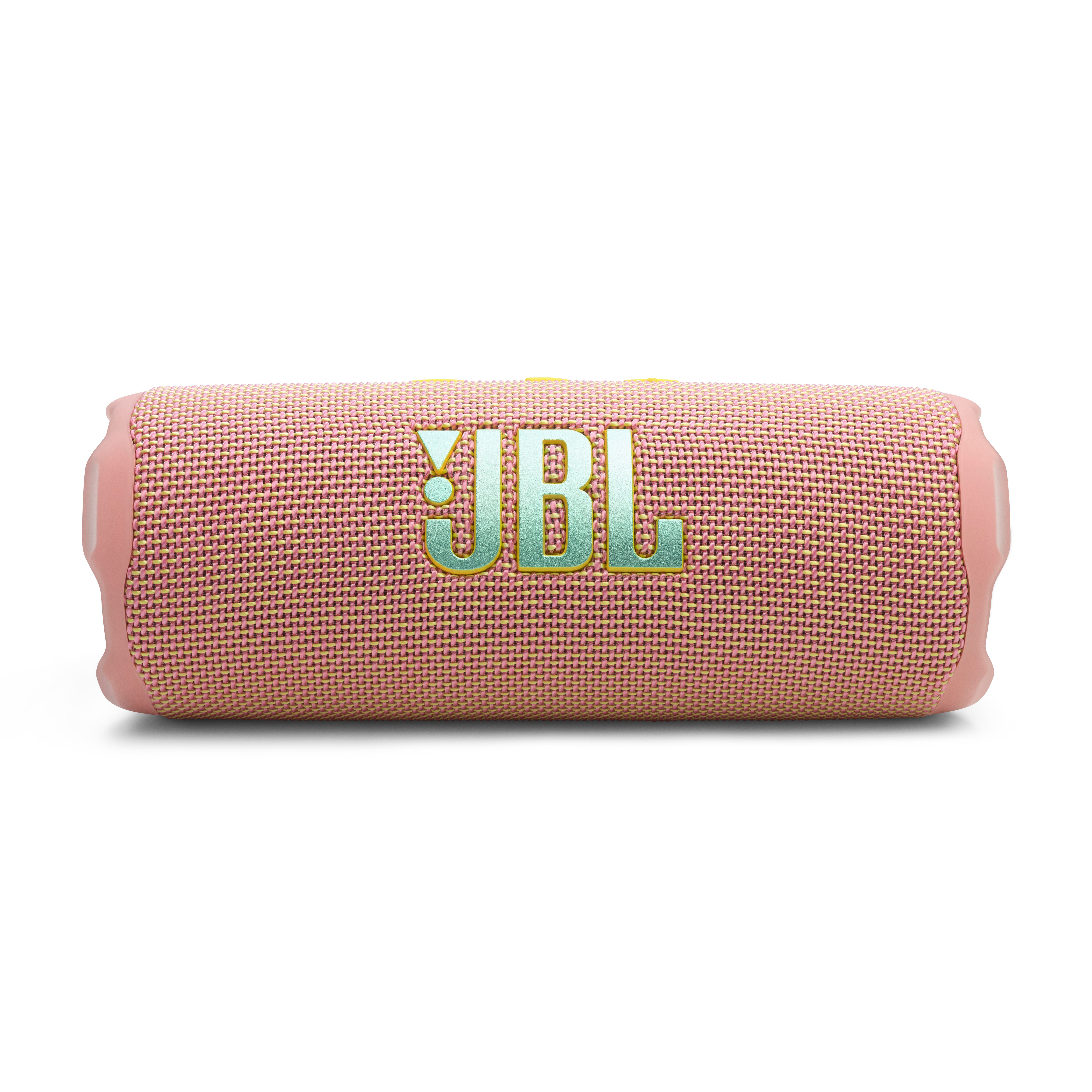 Ein pinkfarbener JBL-Lautsprecher mit Logo in der Mitte. Der Lautsprecher ist zylindrisch.