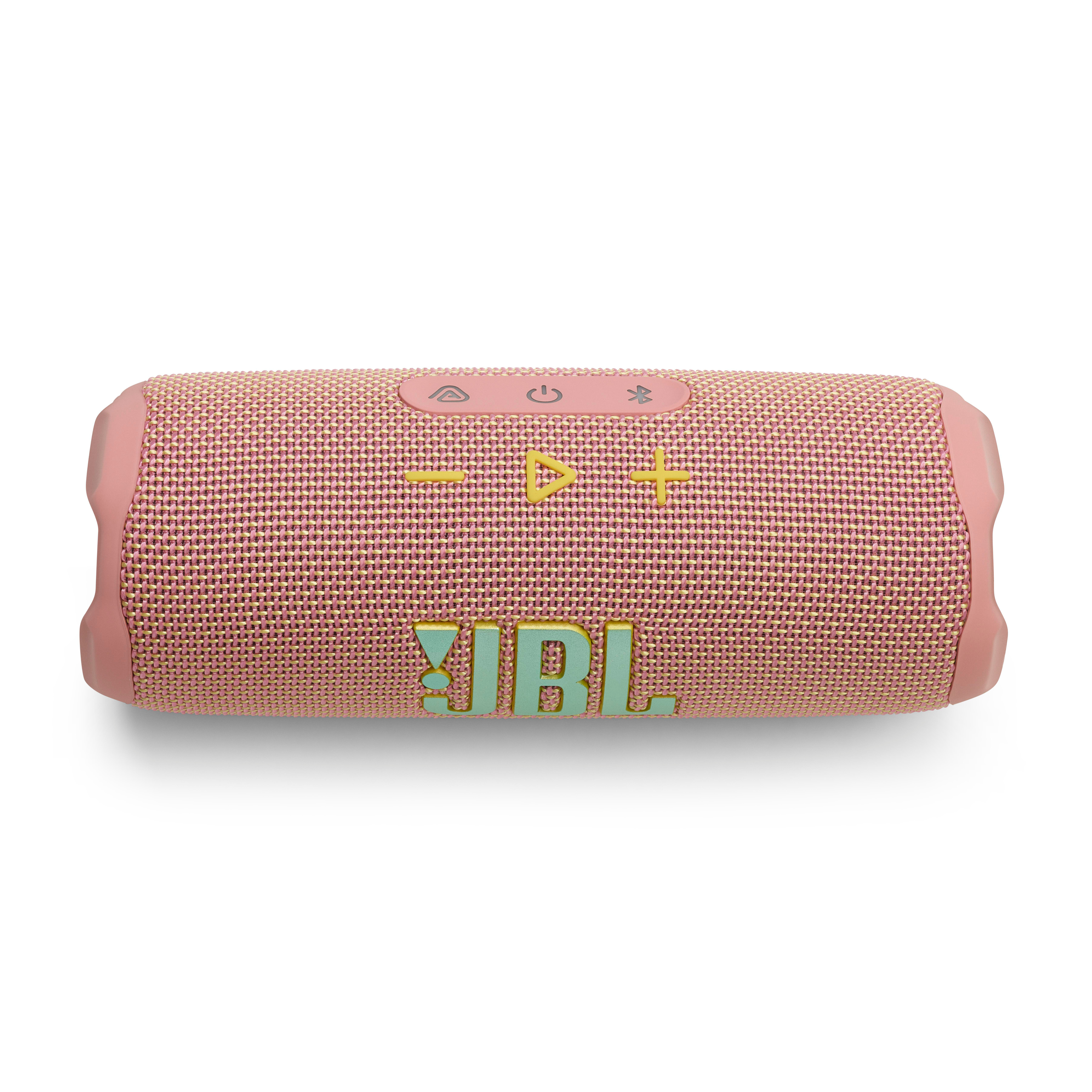 Rosa JBL-Lautsprecher mit Knöpfen und Logo auf weißem Hintergrund.