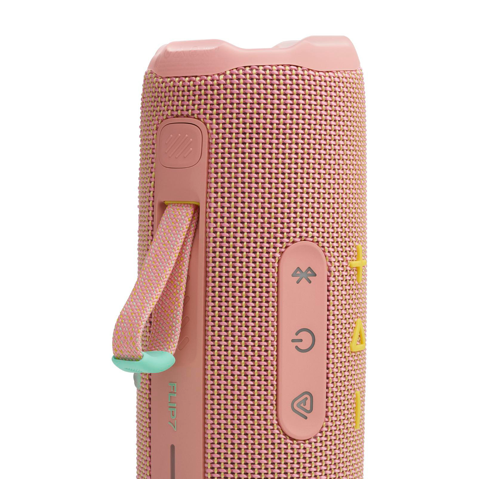 Nahaufnahme eines pinkfarbenen und gelben JBL Flip 7 Lautsprechers.