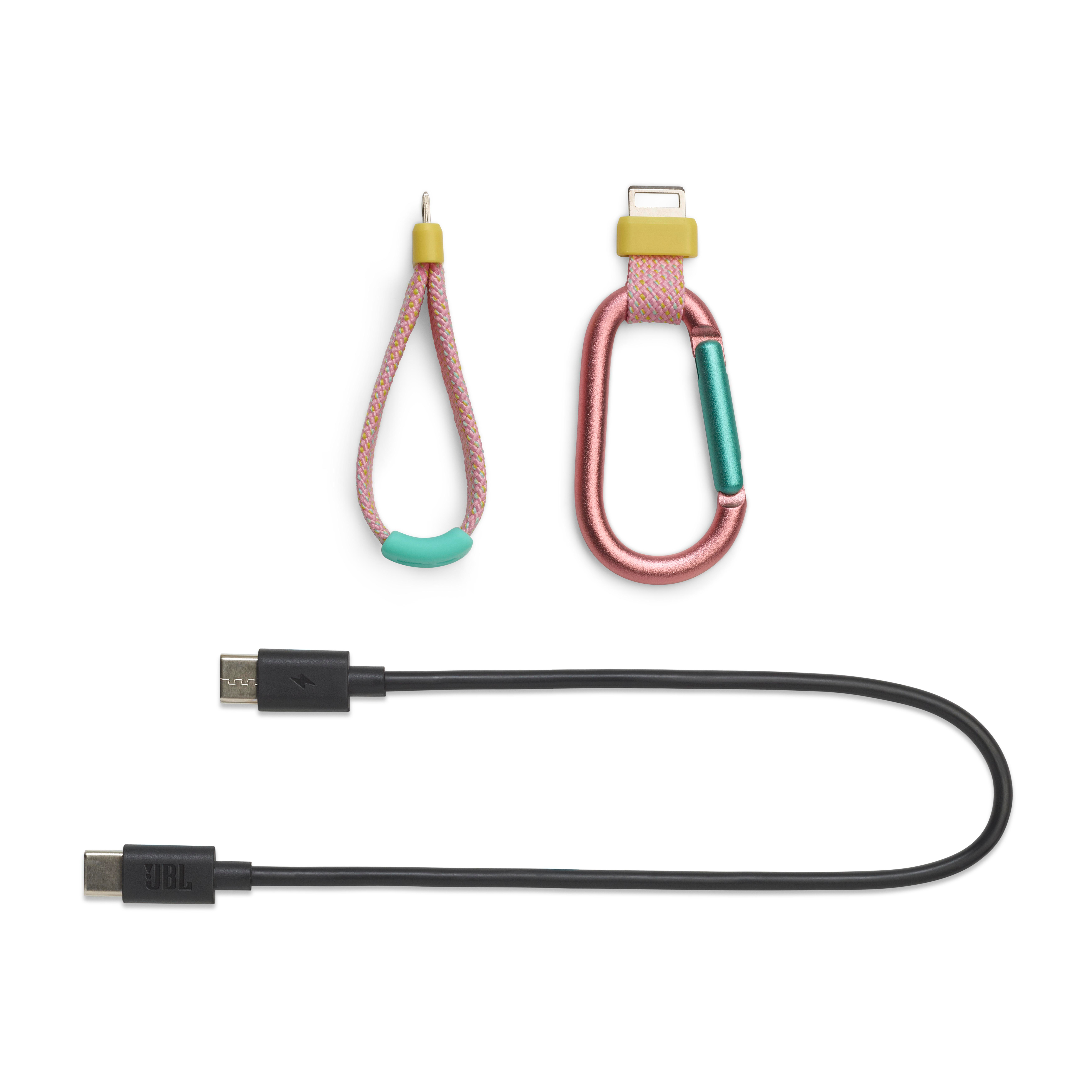 Ein Set bunter Ladekabel-Zubehörteile, darunter ein Karabiner.