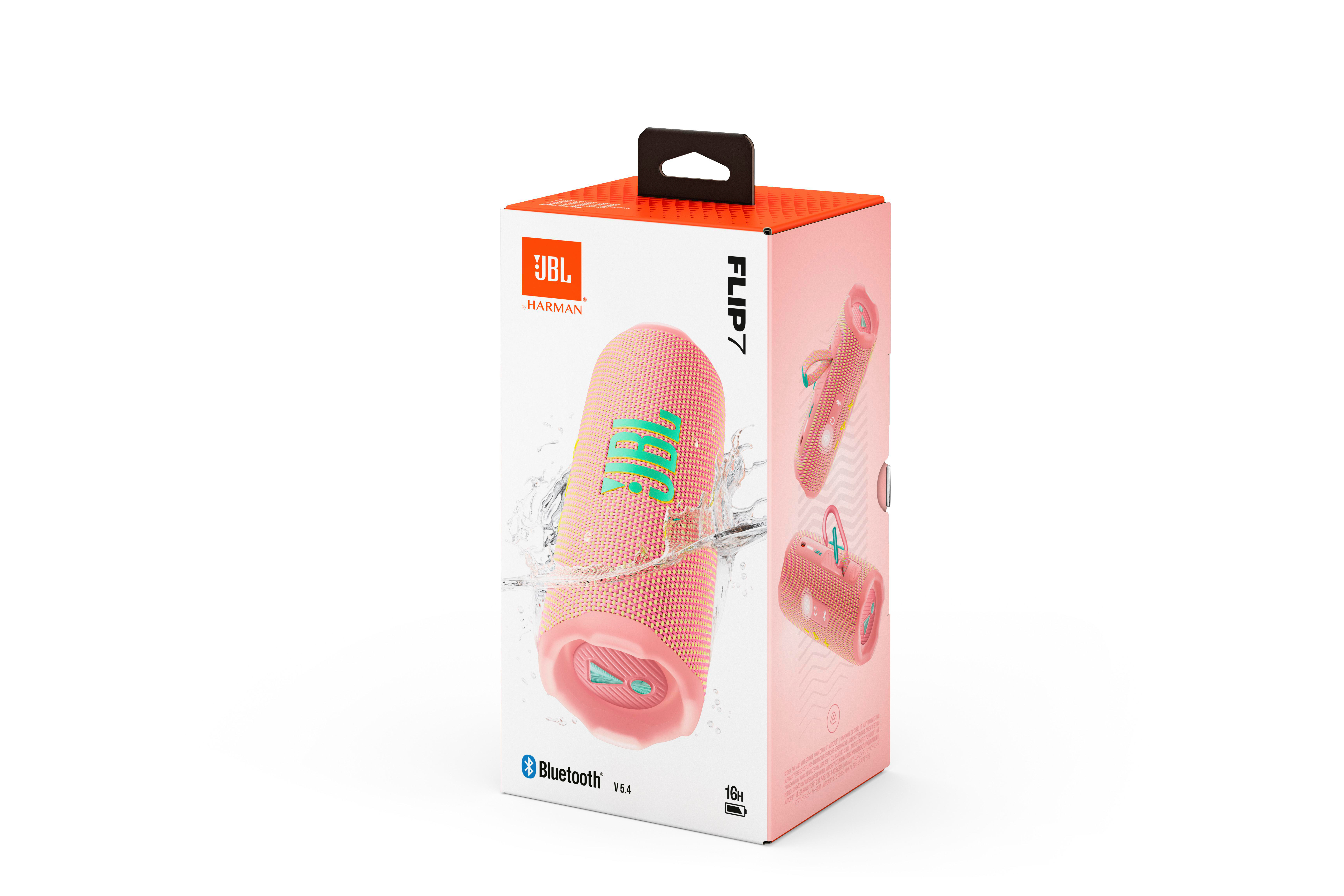 Ein pinkfarbener JBL Flip 7 Lautsprecherkarton. Er zeigt Bilder des Lautsprechers. Weißer Hintergrund.