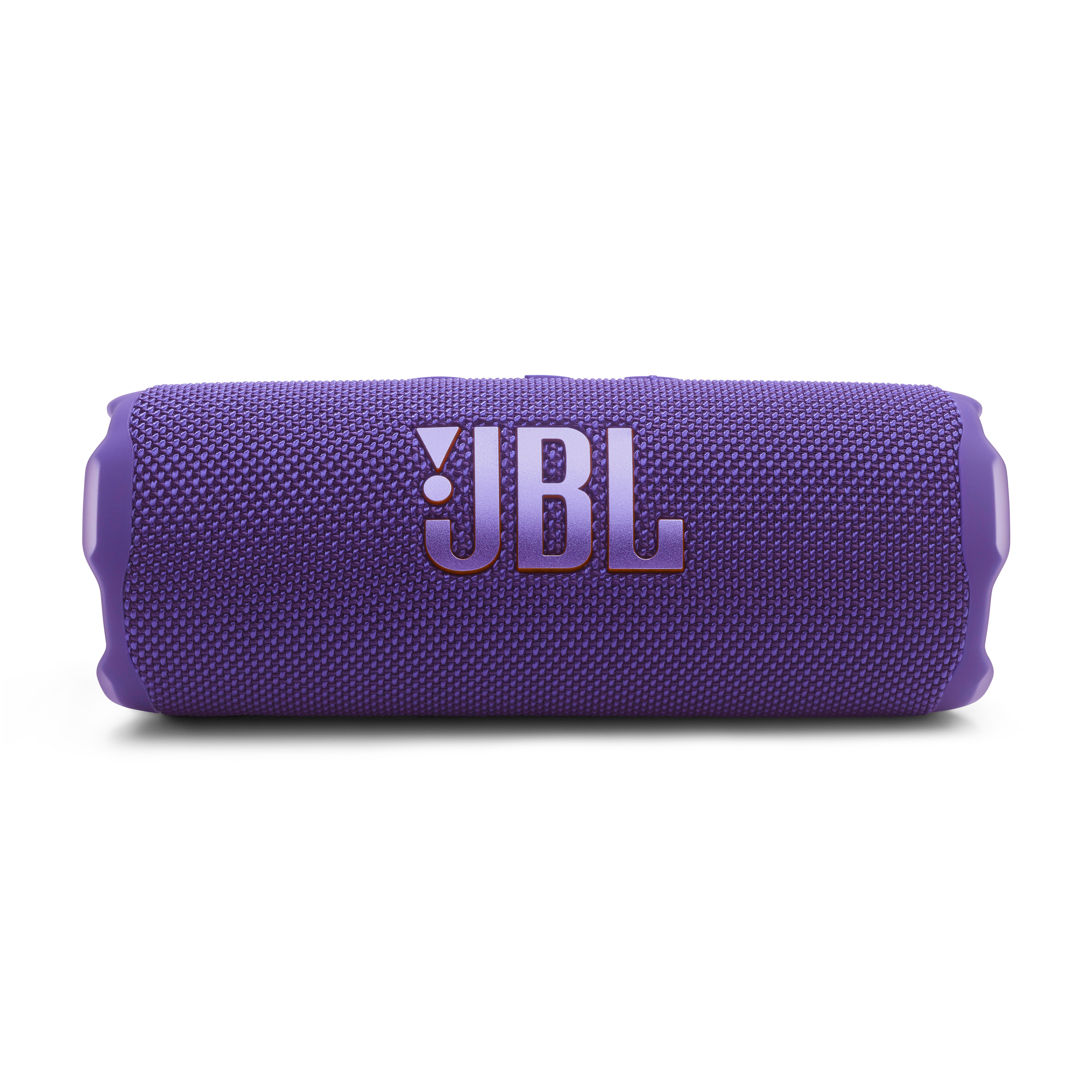 Lila zylindrischer Lautsprecher mit JBL-Logo. Lila Mesh-Bezug.