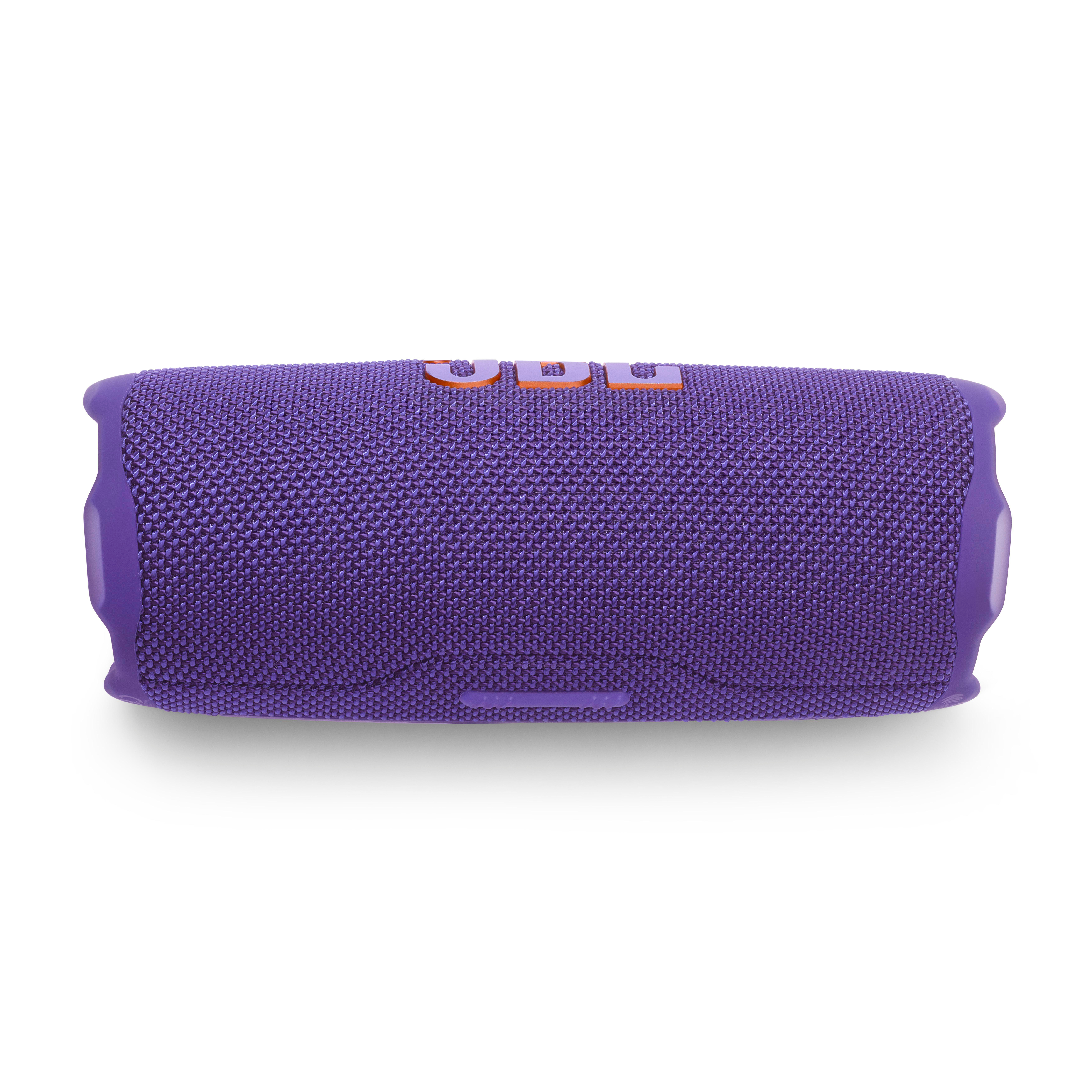 Lilafarbener JBL-Lautsprecher mit orangefarbenen Knöpfen auf weißem Hintergrund.