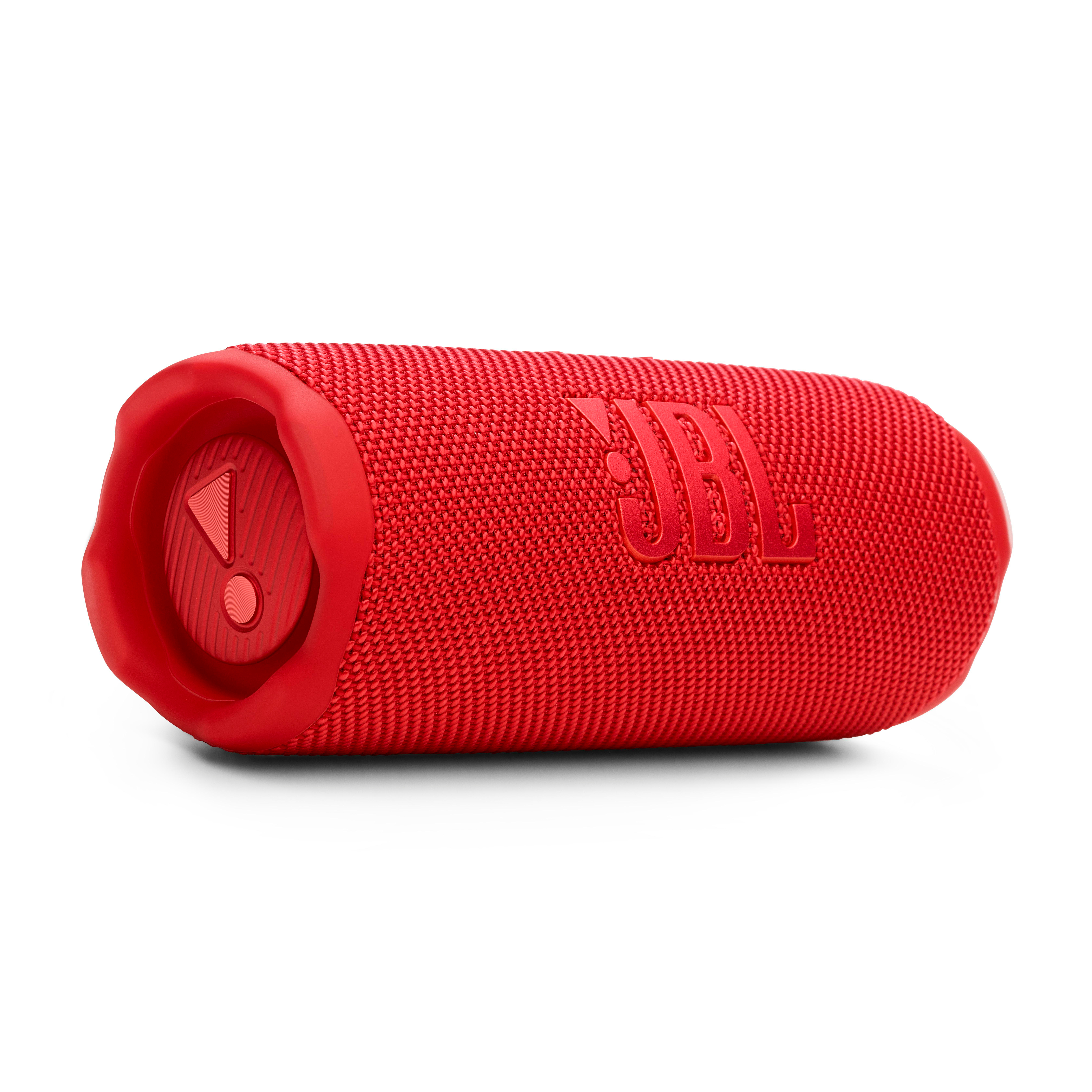 Roter JBL-Lautsprecher auf weißem Hintergrund.