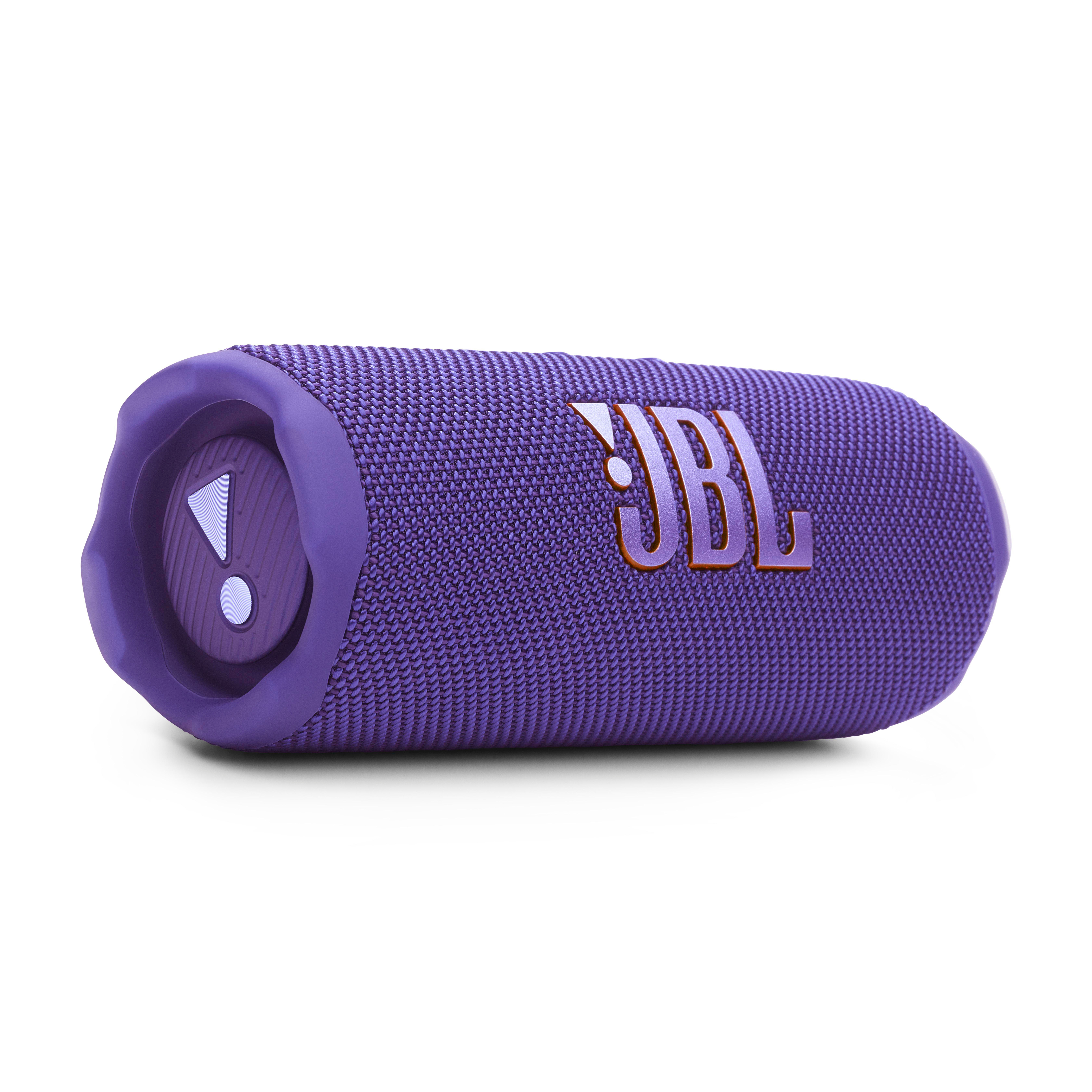Lila JBL-Lautsprecher mit orangefarbenem JBL-Logo auf weißem Hintergrund.