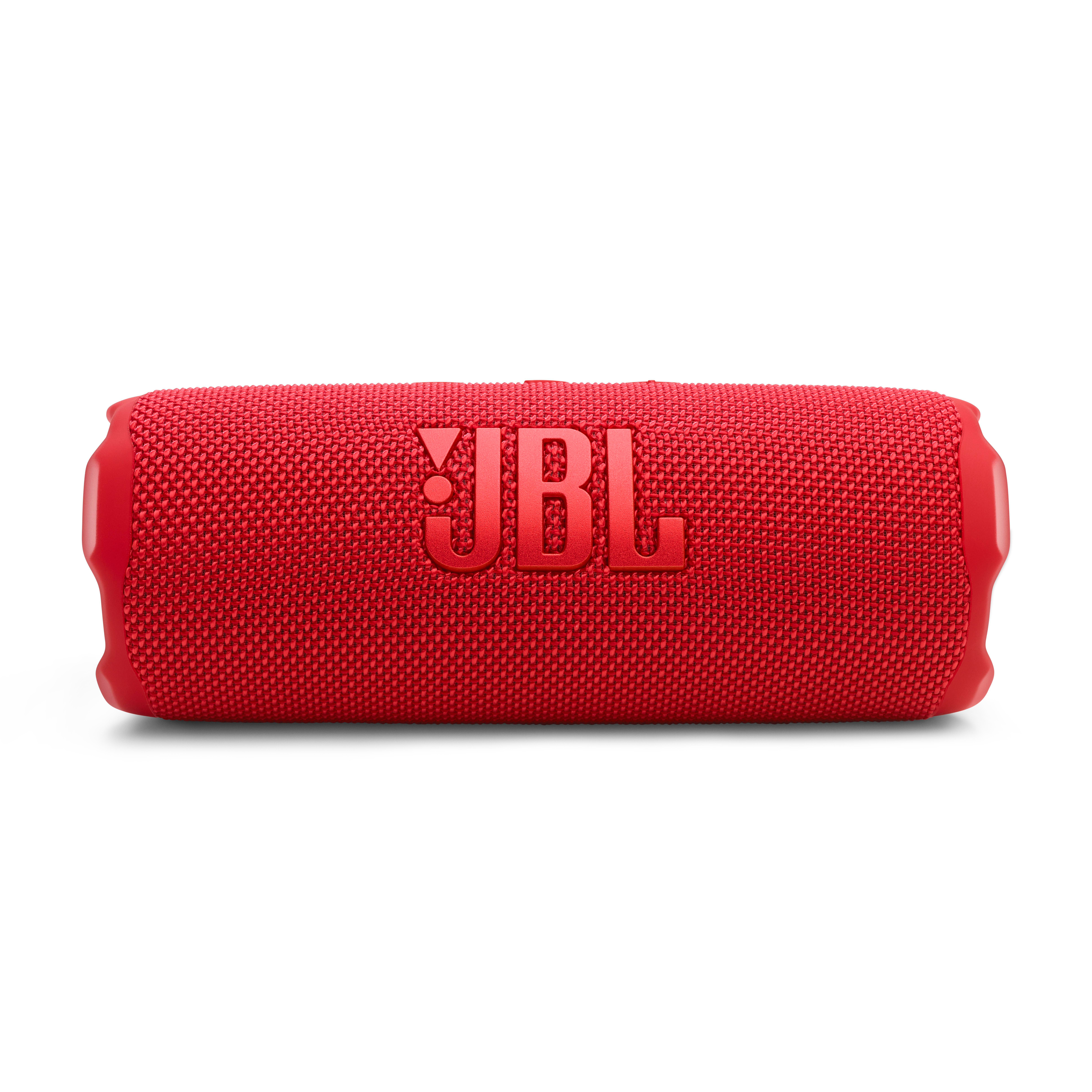 Roter JBL-Lautsprecher, zylindrische Form, auf weißem Hintergrund.