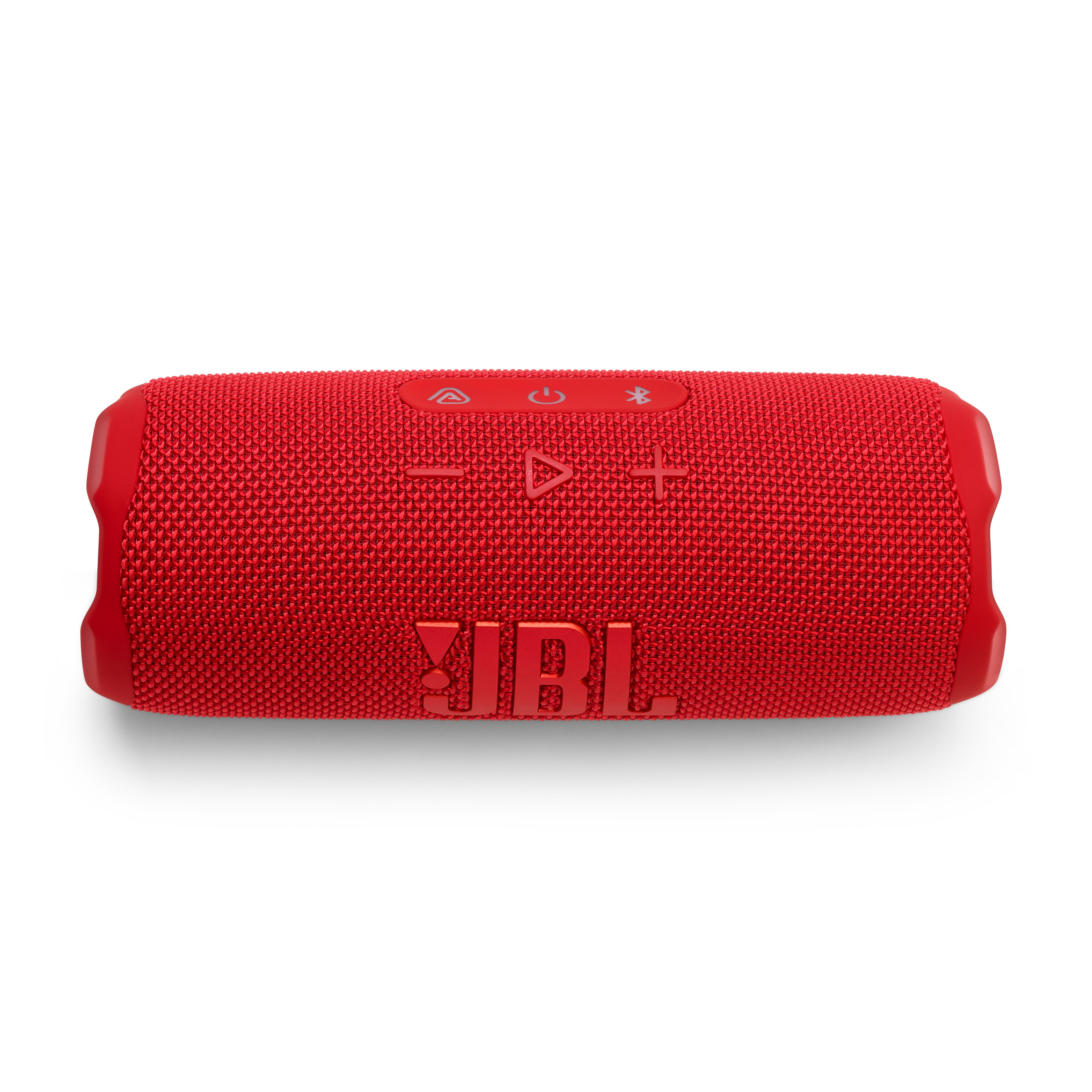 Roter JBL-Lautsprecher mit Knöpfen. Weißer Hintergrund.