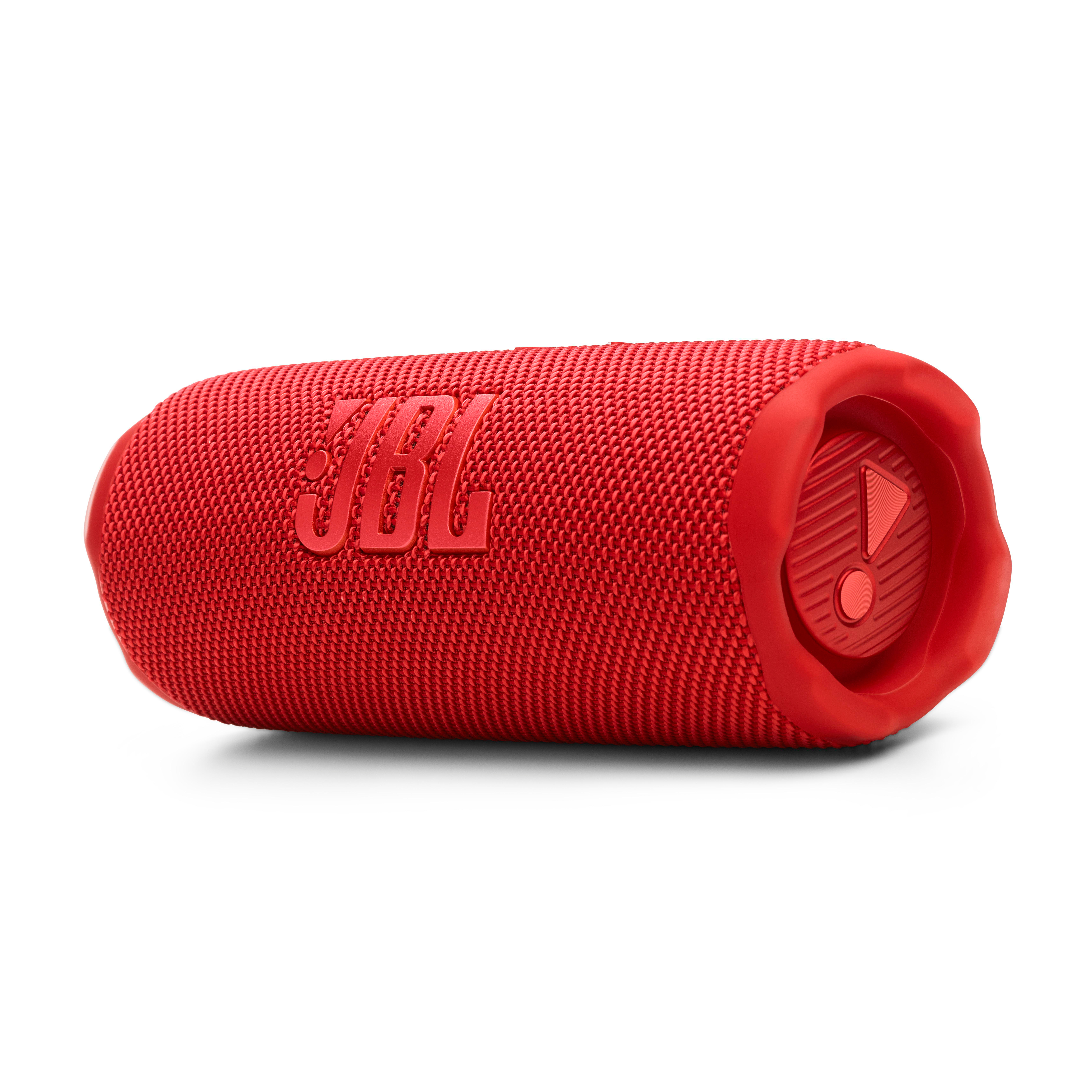 Roter JBL-Lautsprecher. Weißer Hintergrund. JBL-Logo sichtbar.