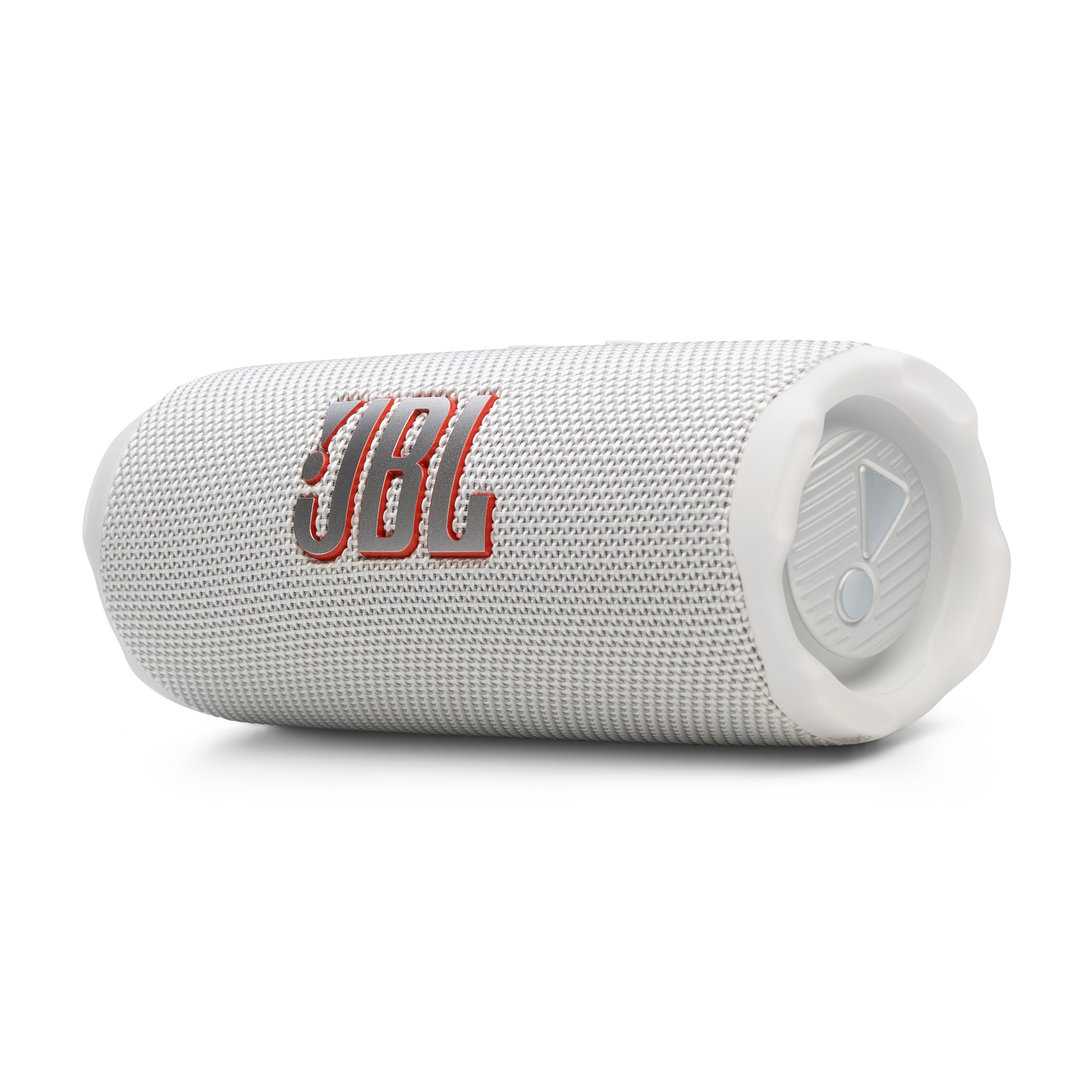 Ein weißer JBL-Lautsprecher mit rotem Logo auf weißem Grund.