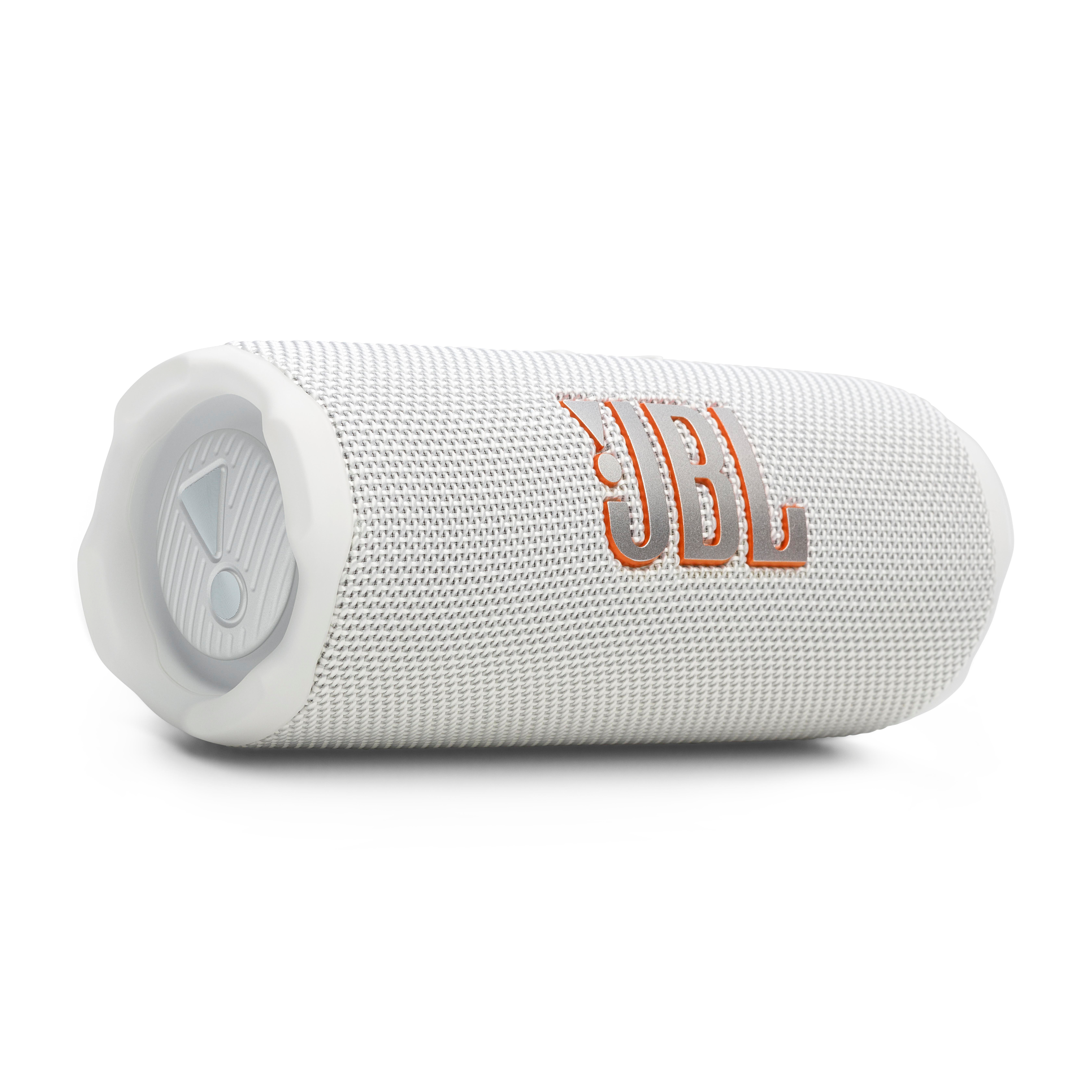 Weiß-grauer JBL-Lautsprecher, zylindrische Form, auf weißem Grund.