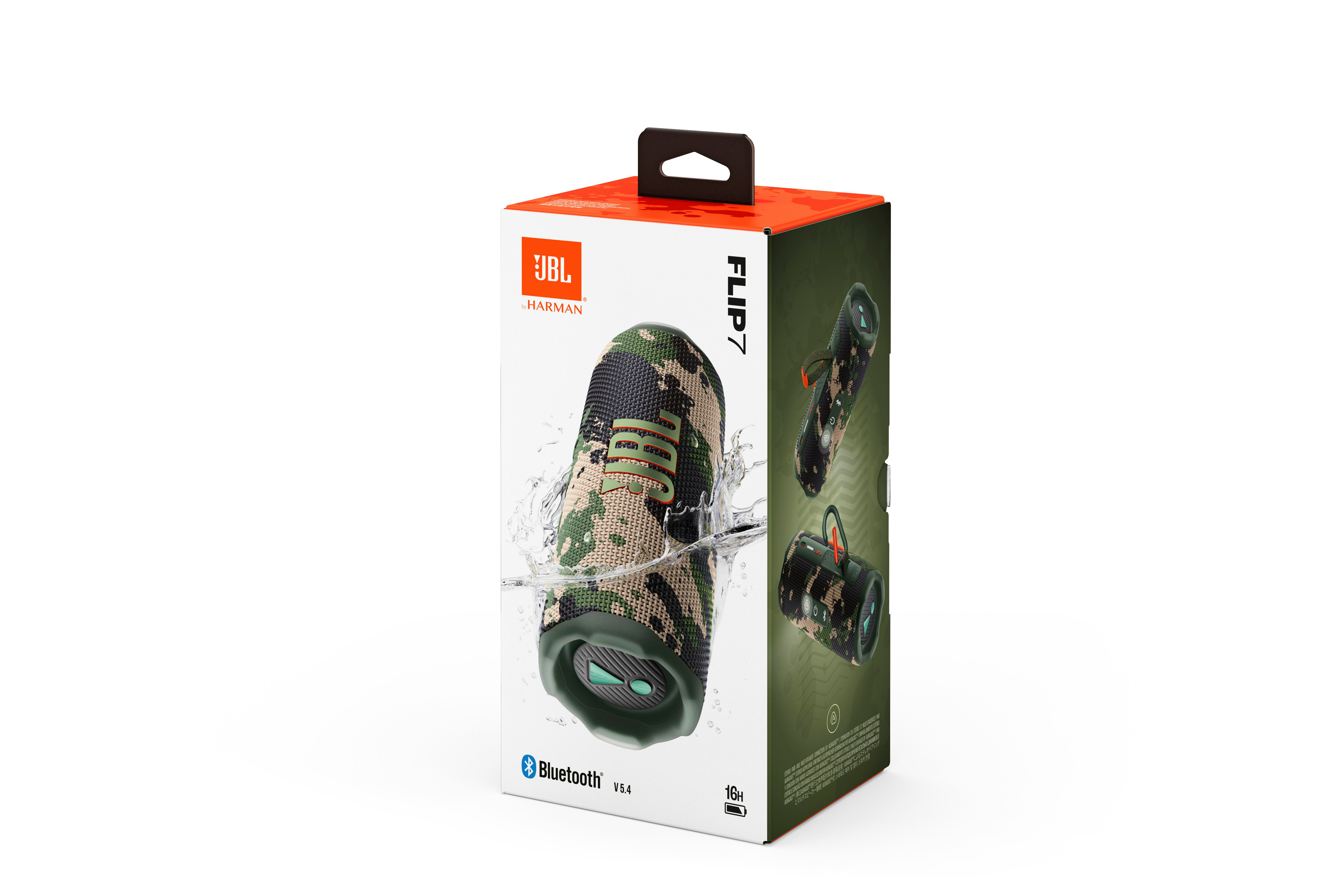 JBL Flip 7 Lautsprecher in einer Box, Tarnmuster, Bluetooth-Logo.