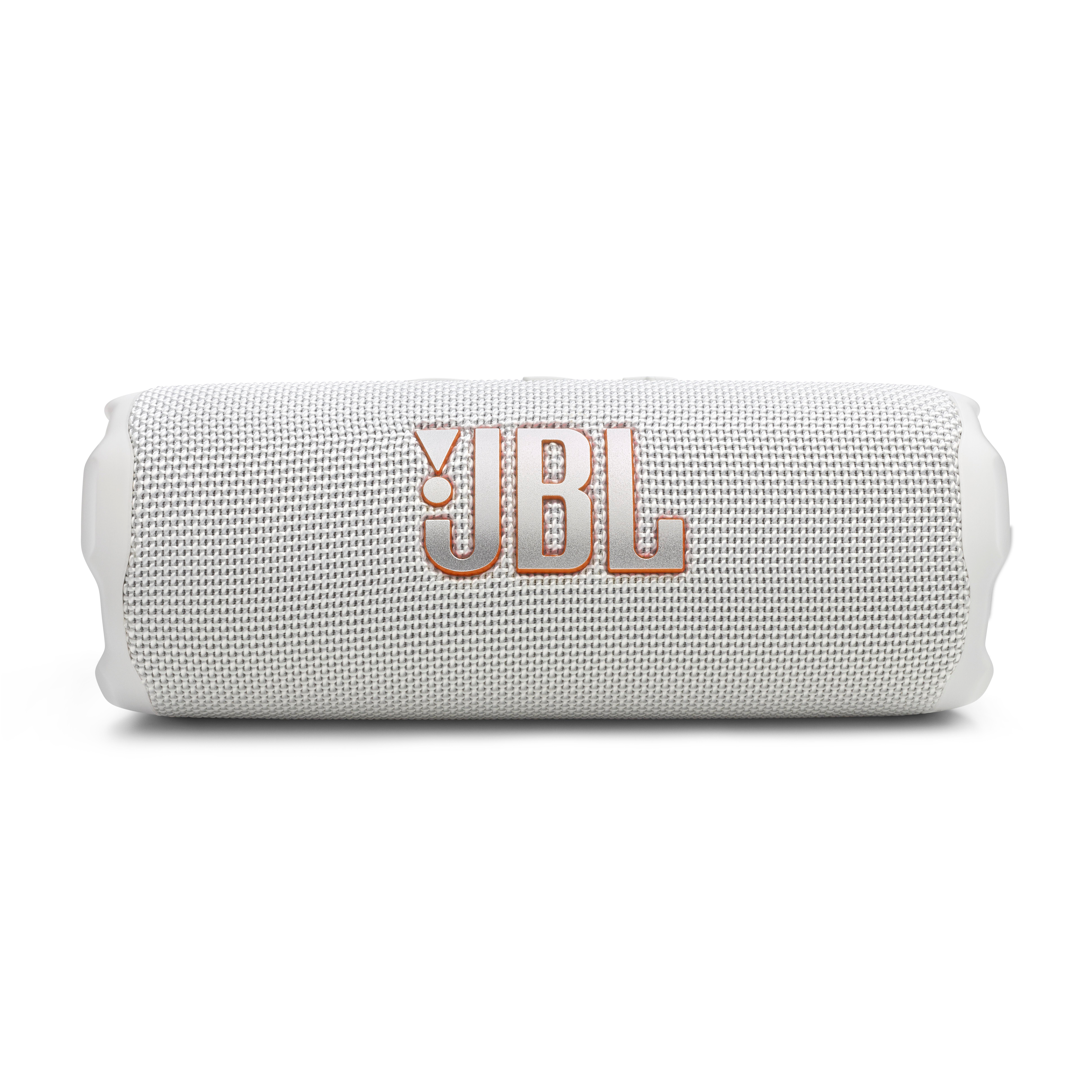 Weißer JBL-Lautsprecher mit orangefarbenem JBL-Logo auf weißem Hintergrund.