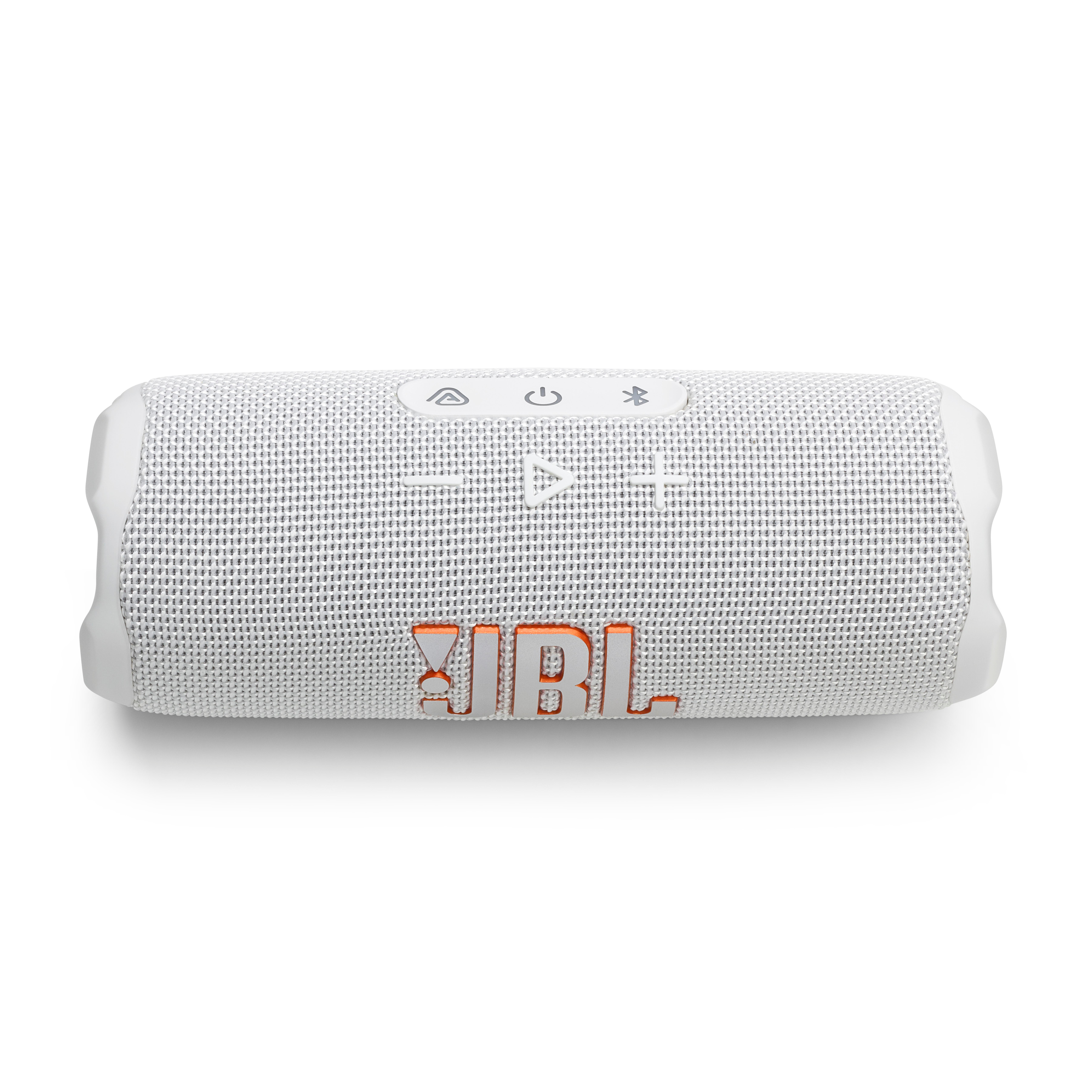 Weißer JBL-Lautsprecher. Er ist zylindrisch mit einem Mesh-Bezug und dem JBL-Logo.