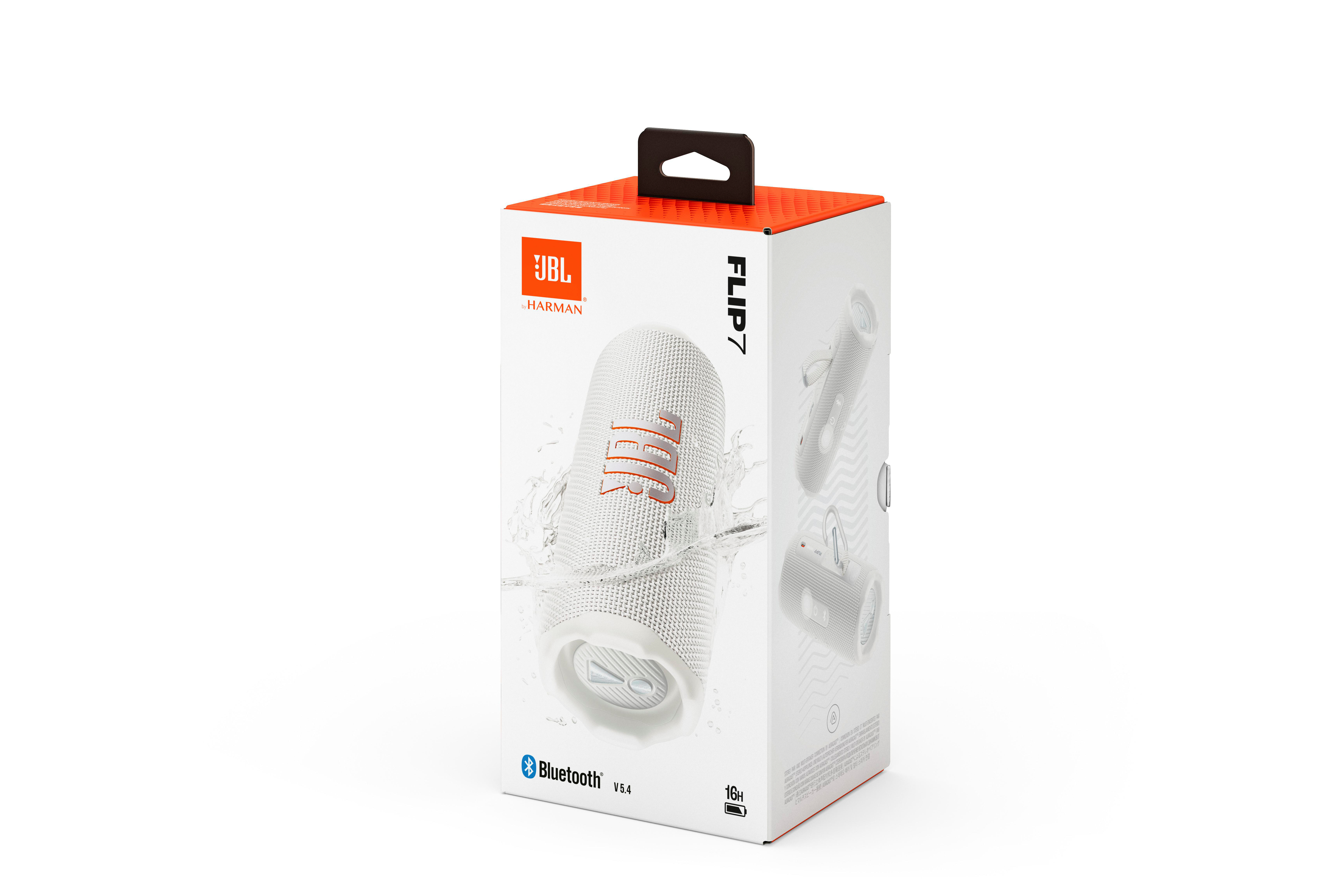 Eine weiße Box mit einem weißen und orangefarbenen Lautsprecher und einem orangefarbenen Griff, mit dem JBL-Logo.