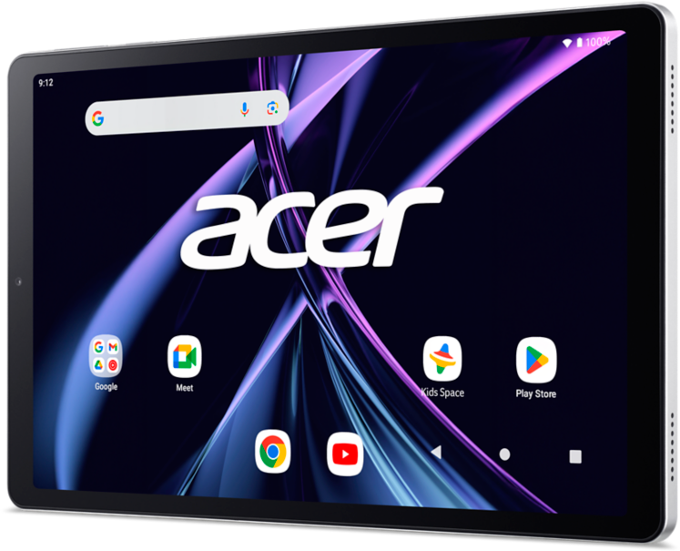 Fekete Acer tablet, alkalmazásikonokkal, Google, Meet, Kids Space, Play Store, valamint az idő 9:12.