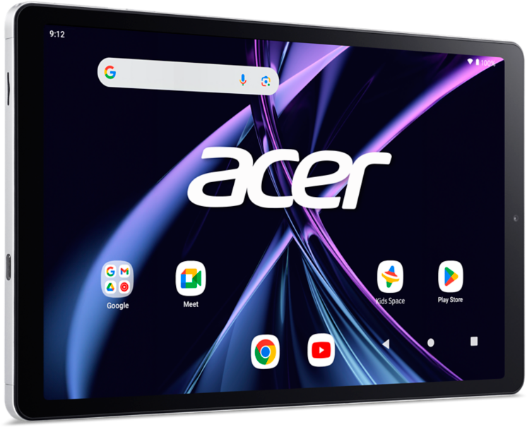Tablet élénk képernyővel, ikonokkal, a tetején az Acer logóval.